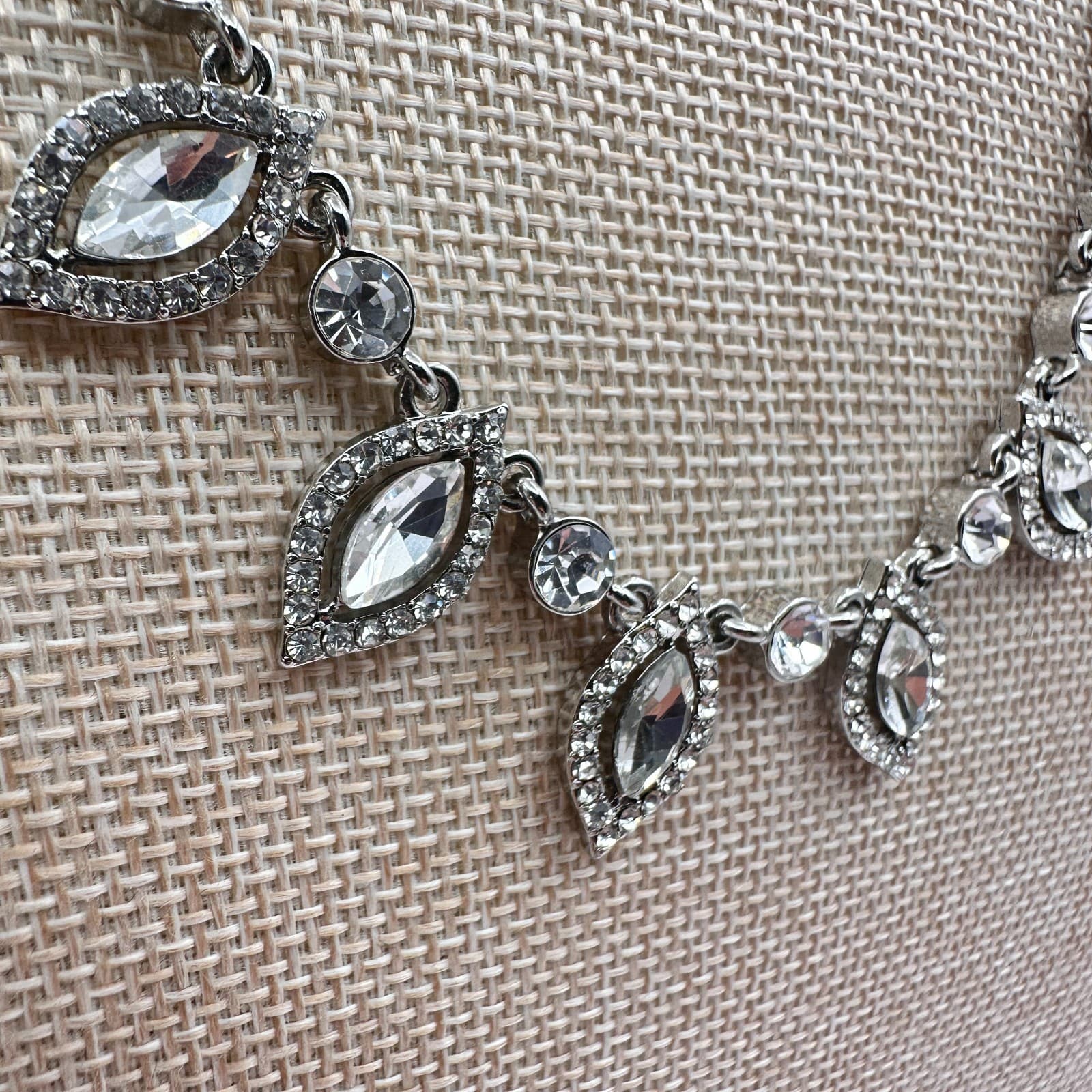 Vintage 90s Silver Tone Clear Rhinestone Marquis Statement Necklace Jewelry - Thumbnail 5