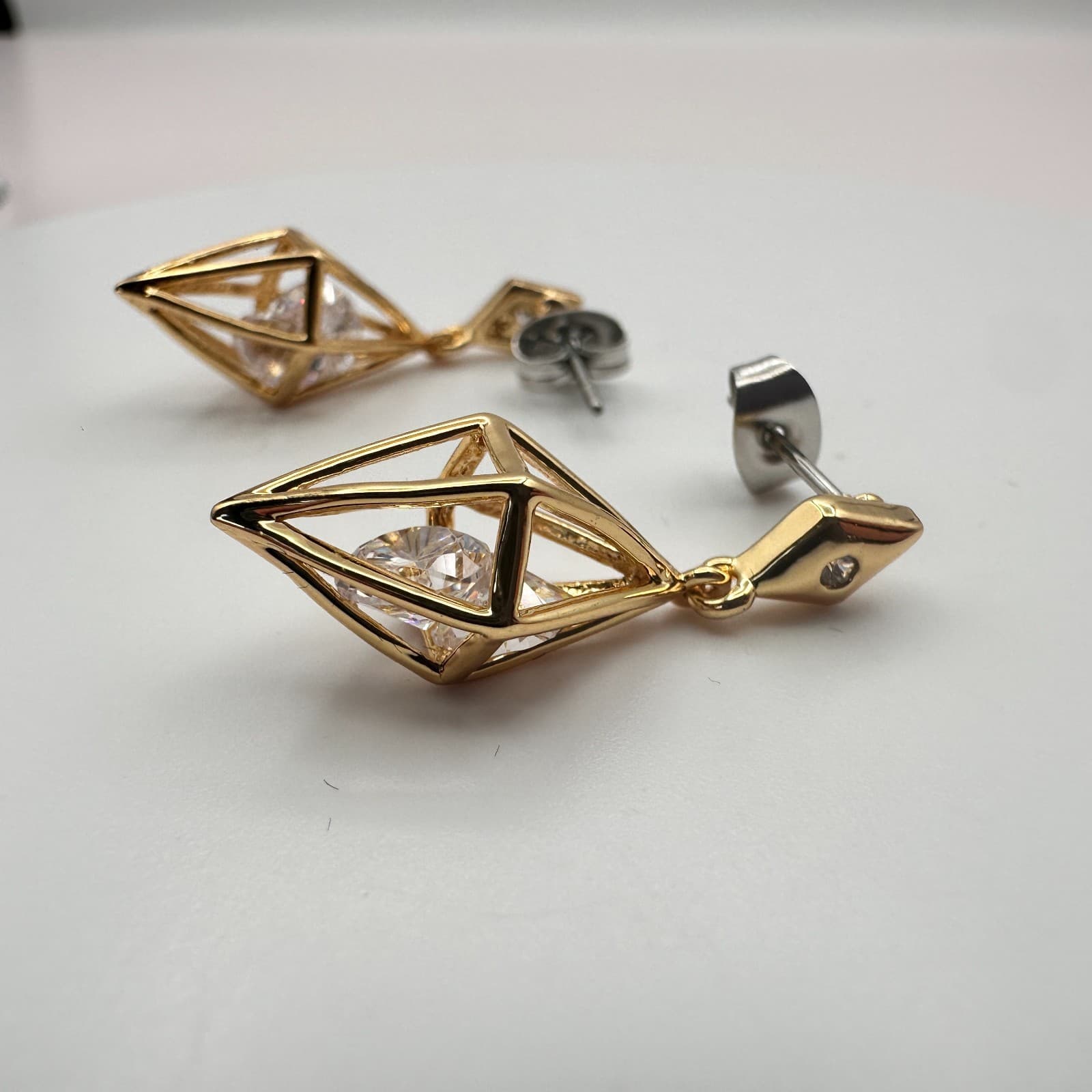 Vintage Y2K Gold Tone Geometric Cage Glass Beaded Dangle Earring Women's Jewelry - Thumbnail 5