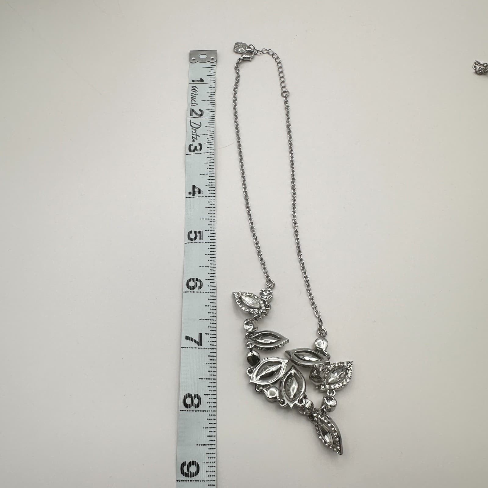 Vintage 90s Silver Tone Clear Rhinestone Marquis Statement Necklace Jewelry - Thumbnail 8