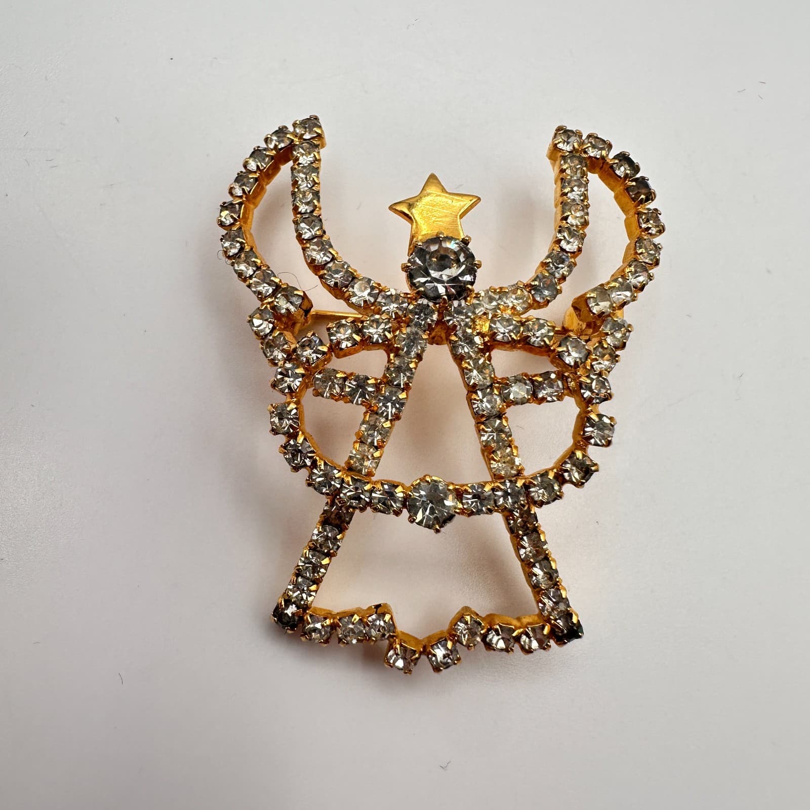 Vintage 90s Angel Brooch Pin Gold Tone Clear Rhinestone Religious Jewelry - Thumbnail 4