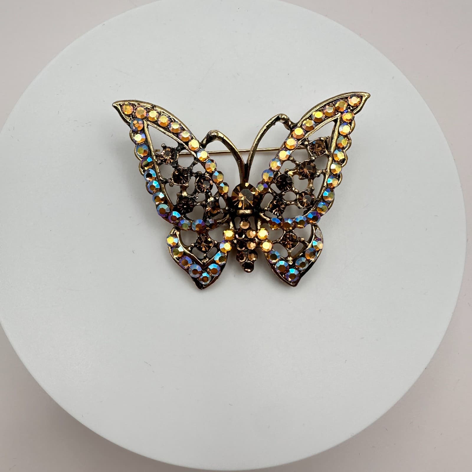 Vintage 90s Gold Tone Filigree Butterfly Brooch Pin AB Glass Fashion Jewelry - Thumbnail 3