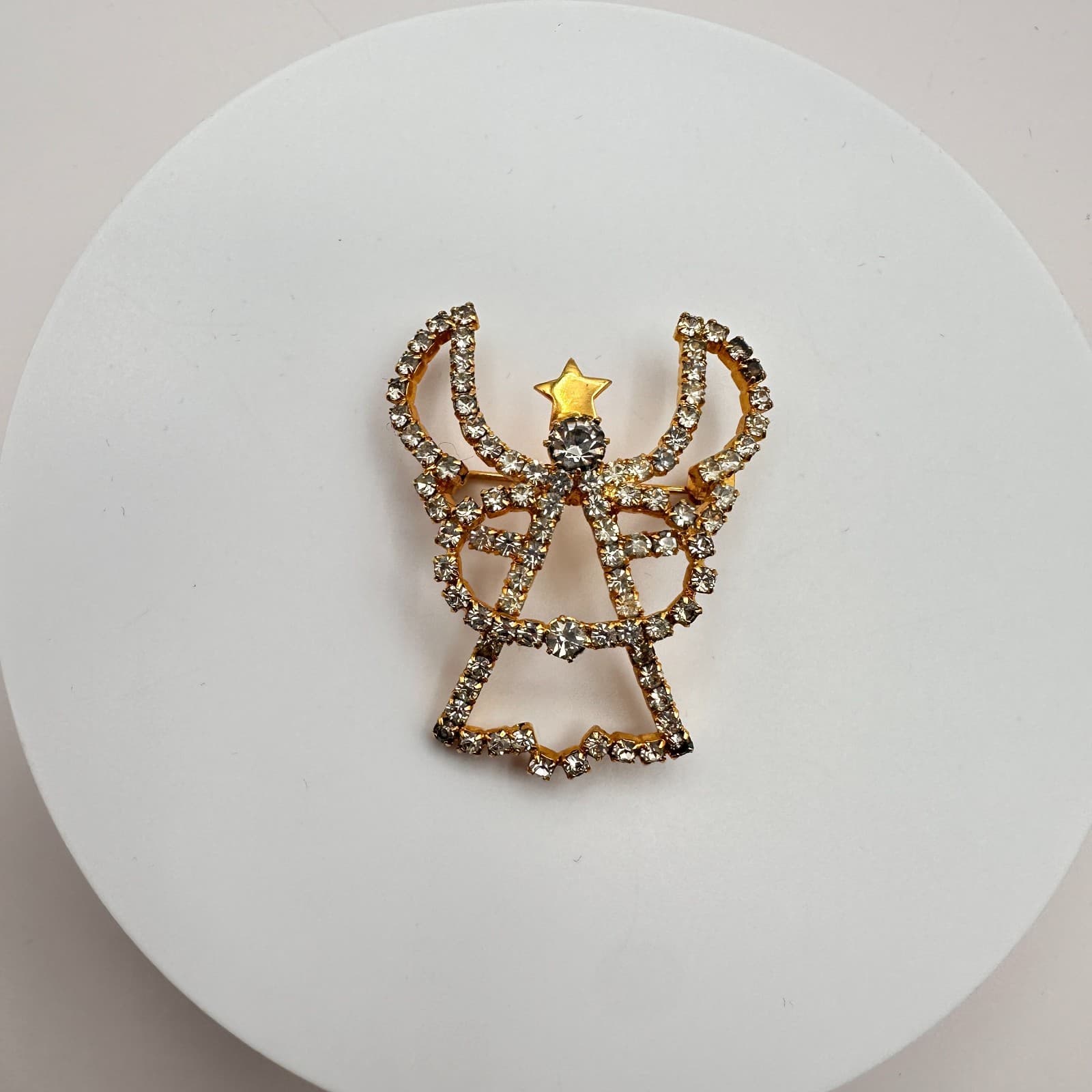 Vintage 90s Angel Brooch Pin Gold Tone Clear Rhinestone Religious Jewelry - Thumbnail 3