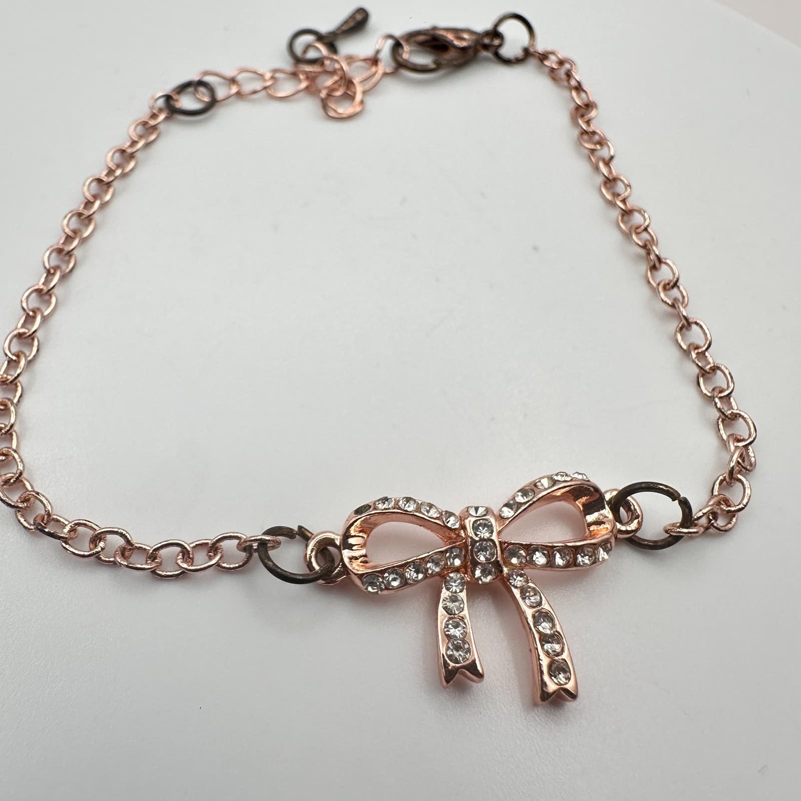 Vintage 90s Rose Gold Tone Bow Rhinestone Bracelet Women's Classic Jewelry - Thumbnail 3