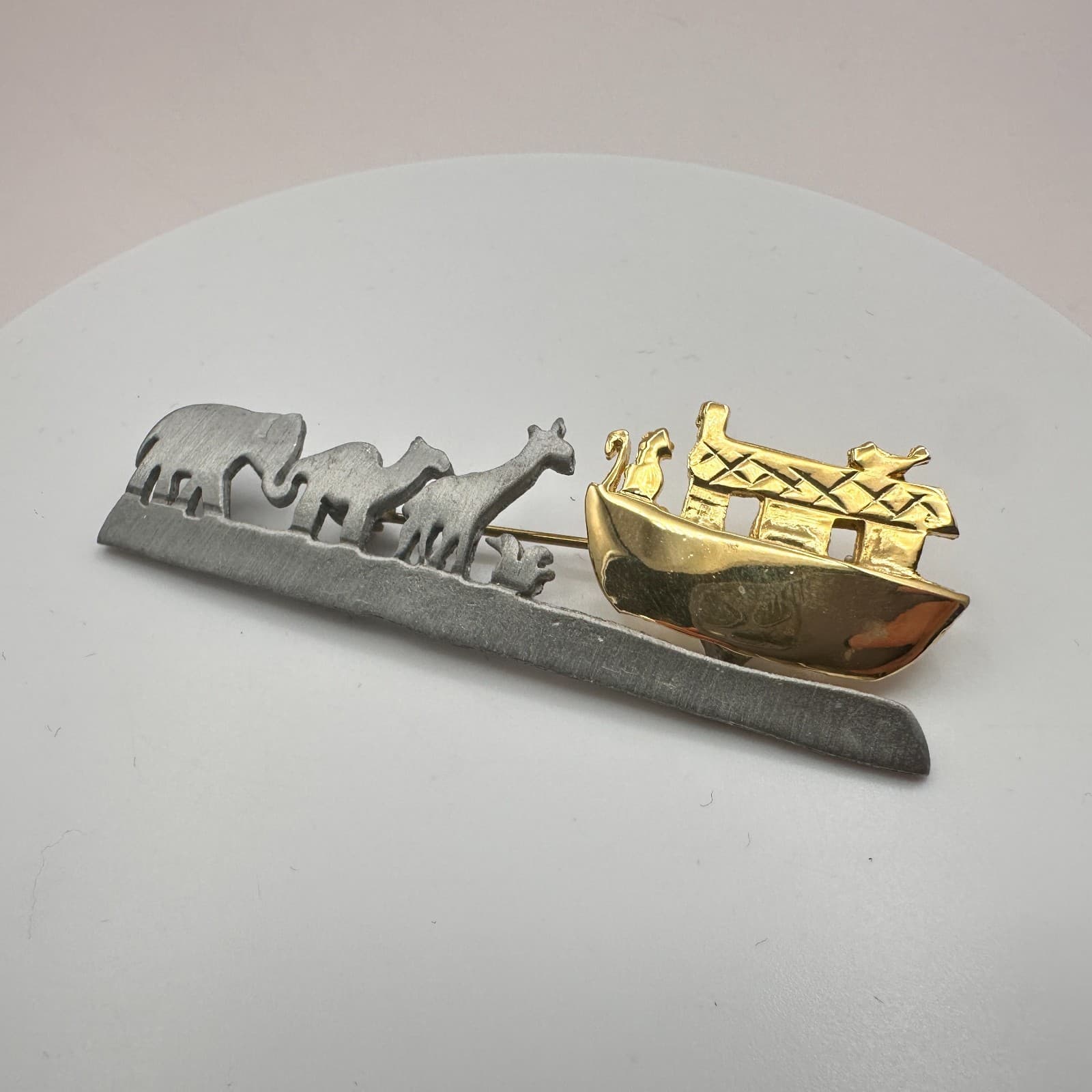 Vintage 80s Ultra Craft Noahs Ark Pewter Brooch Pin Women's Classic Jewelry - Thumbnail 5