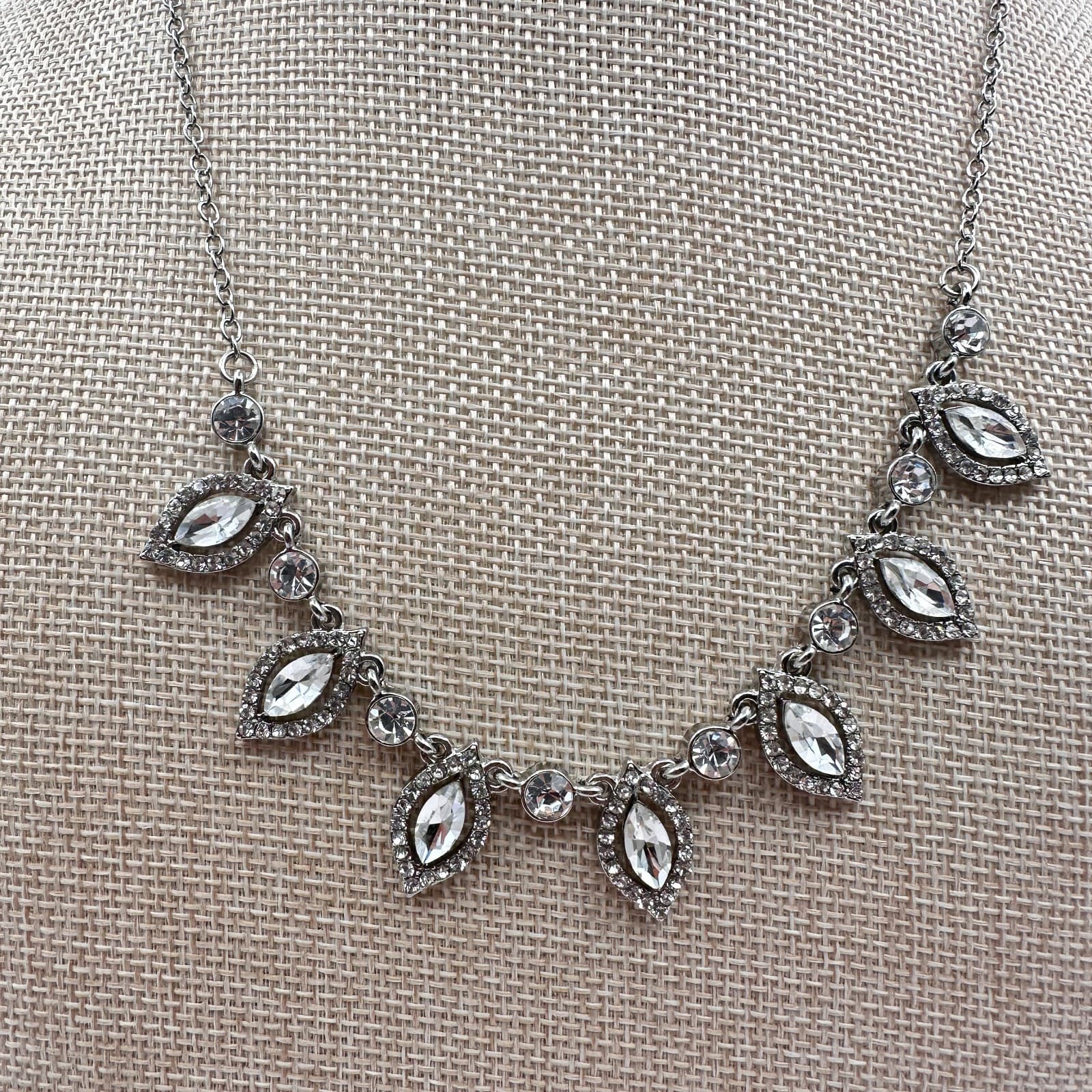 Vintage 90s Silver Tone Clear Rhinestone Marquis Statement Necklace Jewelry - Thumbnail 2