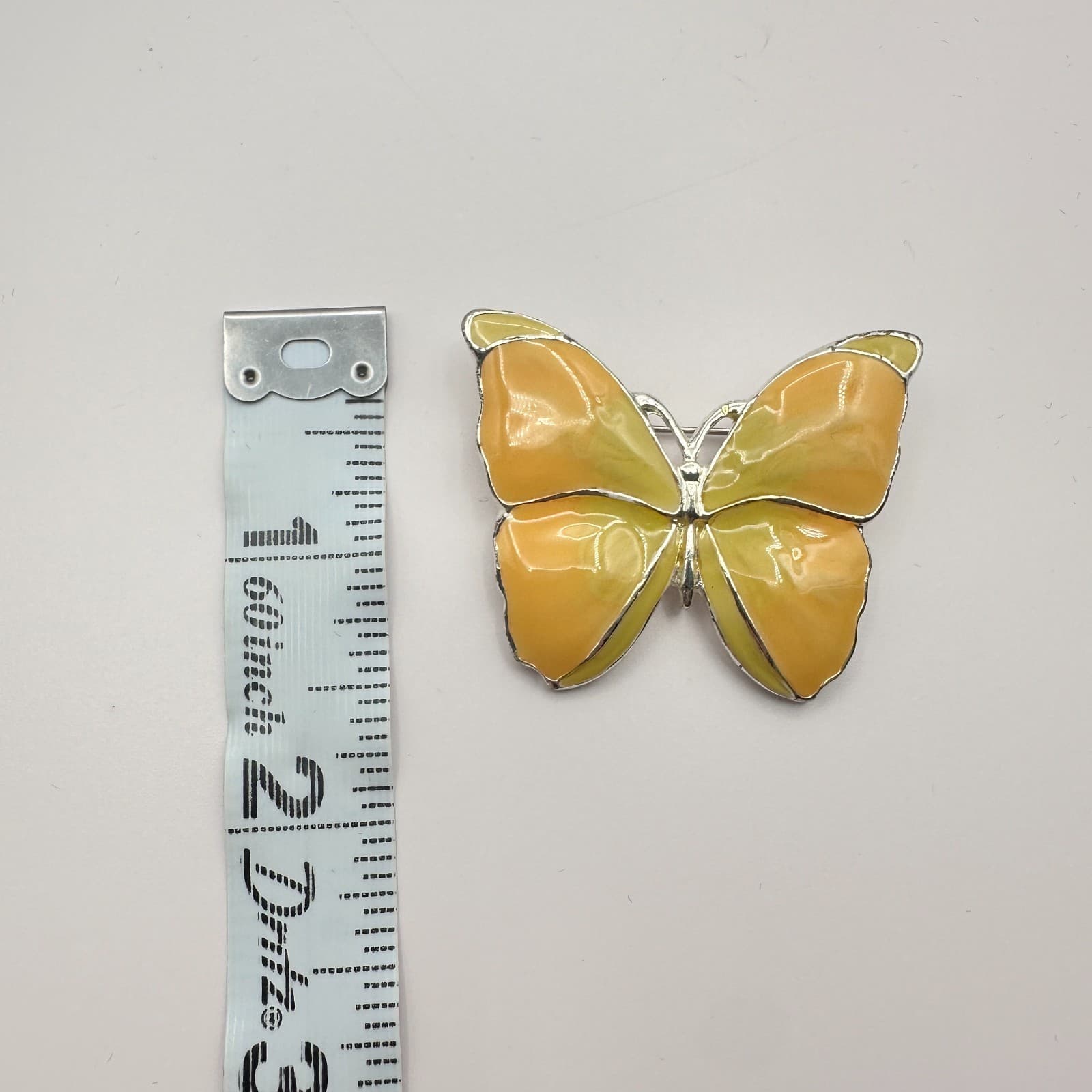 Vintage 90s Silver Tone Butterfly Brooch Yellow & Orange Enamel Figural Jewelry - Thumbnail 5