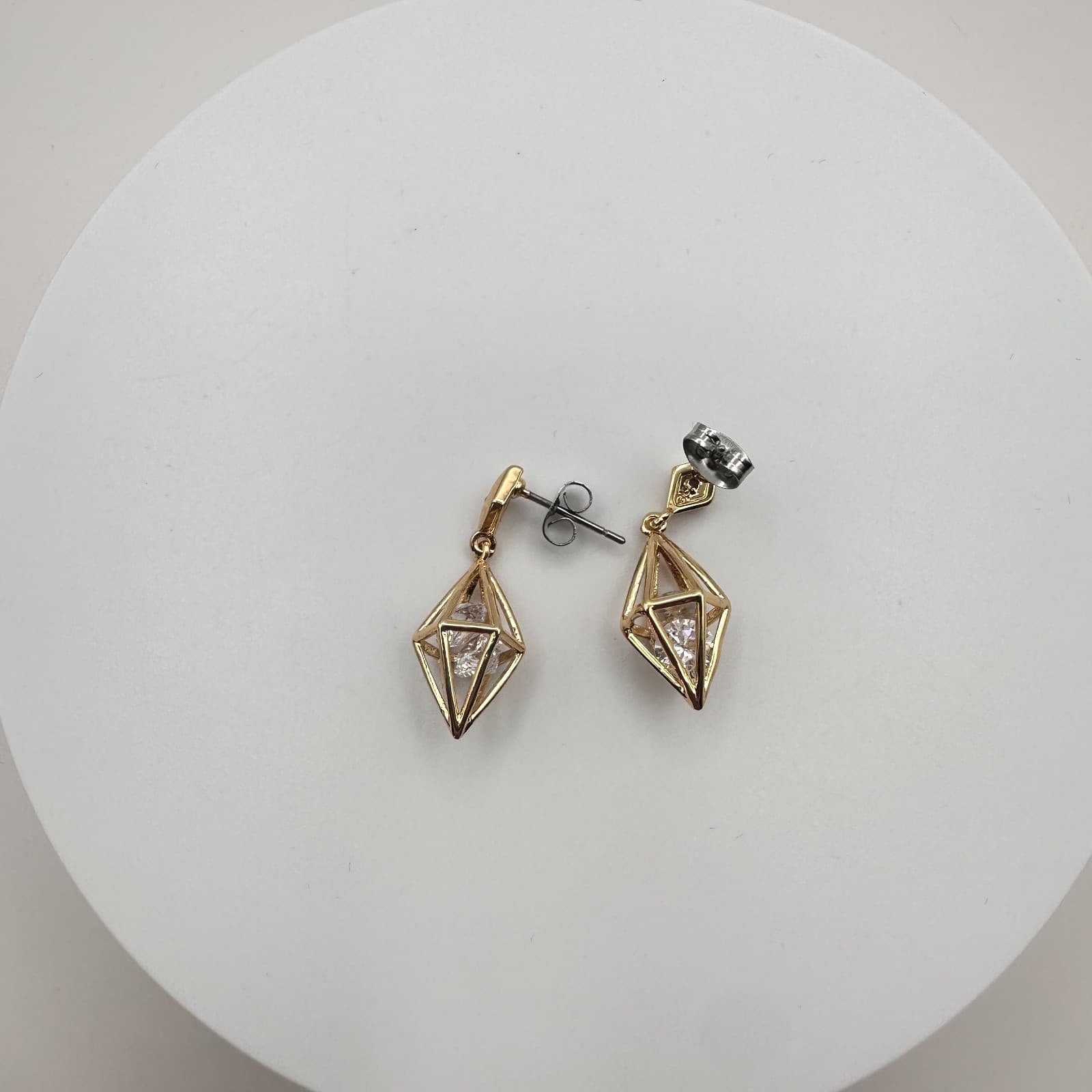Vintage Y2K Gold Tone Geometric Cage Glass Beaded Dangle Earring Women's Jewelry - Thumbnail 2