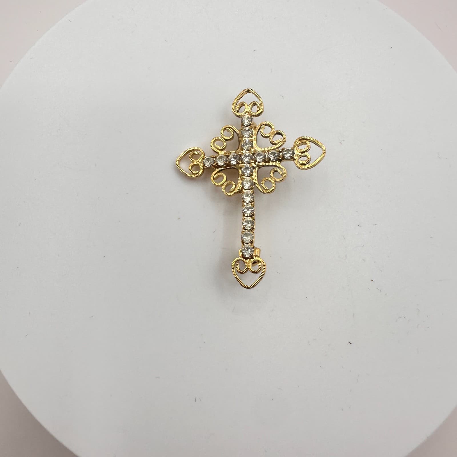 Vintage 90s Gold Tone Clear Glass Cross Brooch Pin Religious Fashion Jewelry - Thumbnail 2