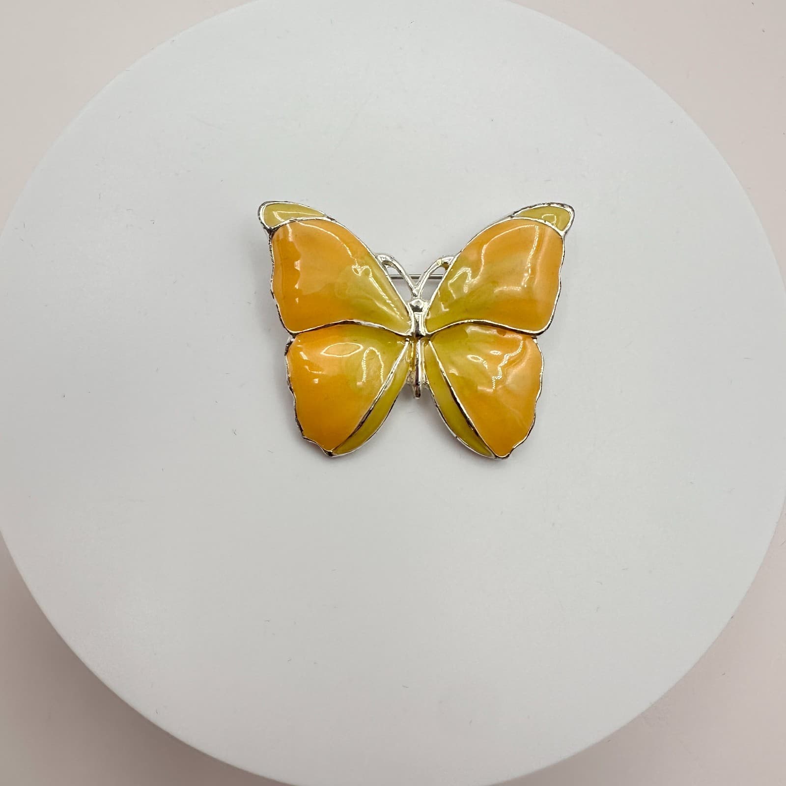 Vintage 90s Silver Tone Butterfly Brooch Yellow & Orange Enamel Figural Jewelry - Thumbnail 3