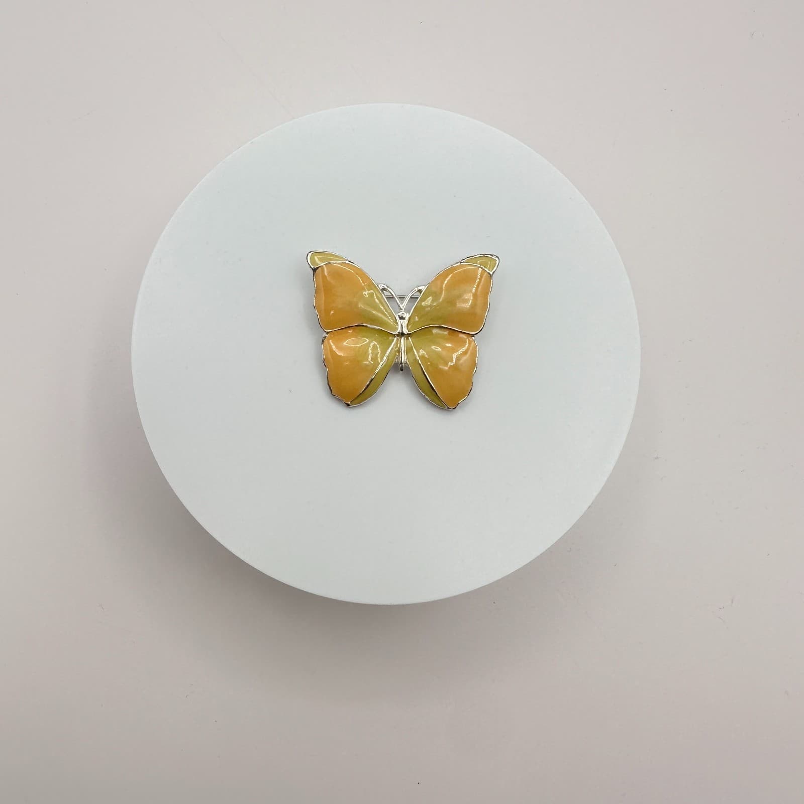 Vintage 90s Silver Tone Butterfly Brooch Yellow & Orange Enamel Figural Jewelry - Thumbnail 2