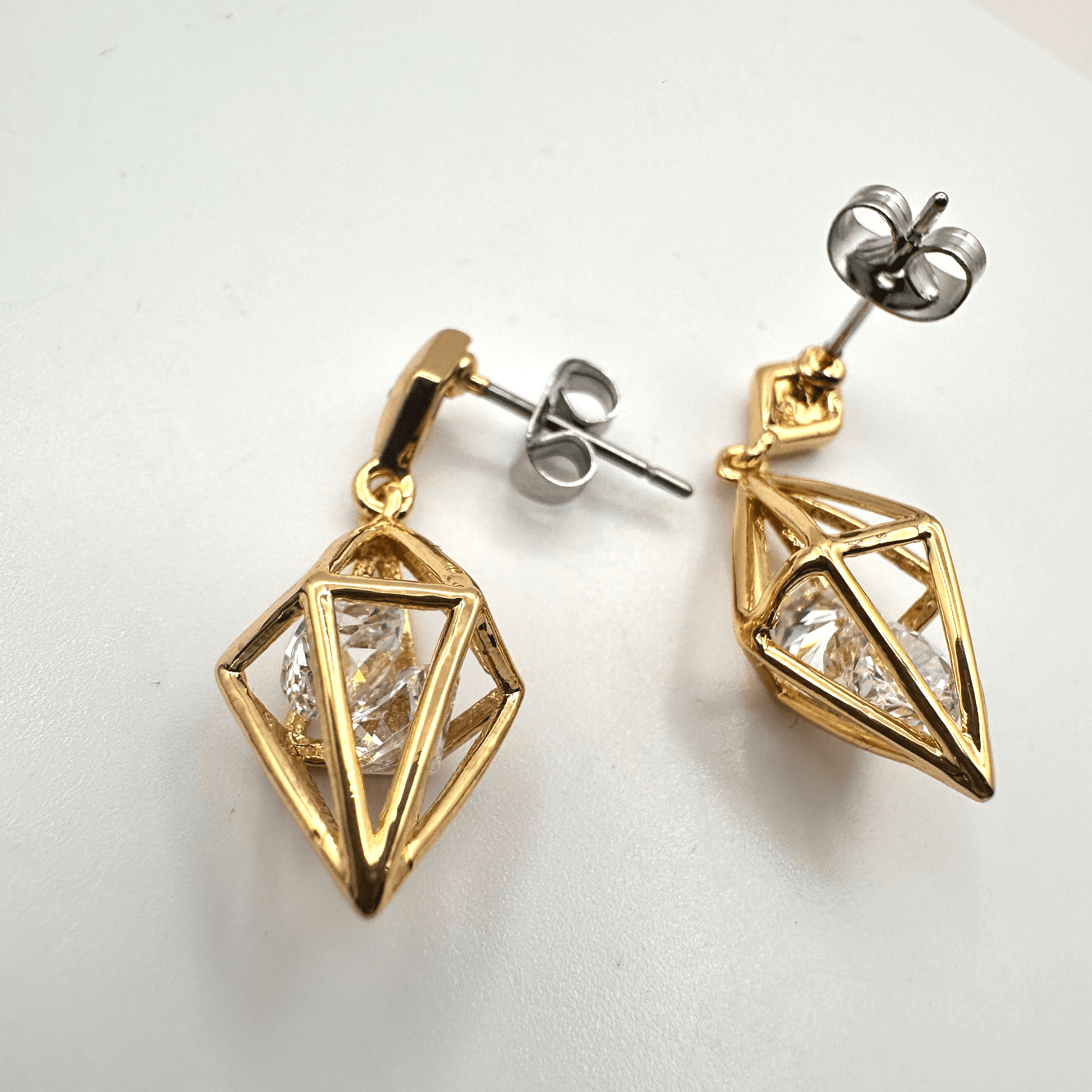 Vintage Y2K Gold Tone Geometric Cage Glass Beaded Dangle Earring Women's Jewelry