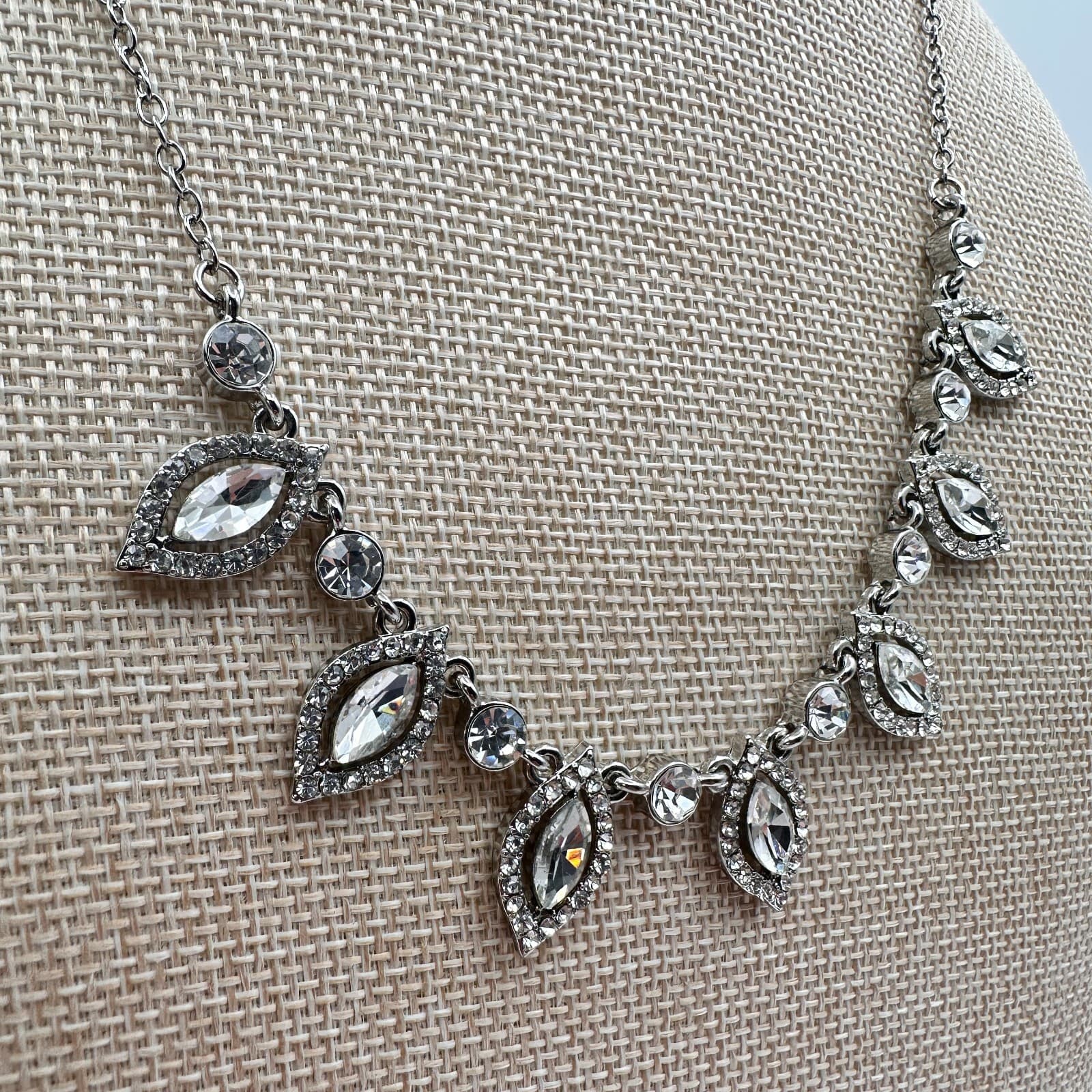 Vintage 90s Silver Tone Clear Rhinestone Marquis Statement Necklace Jewelry - Thumbnail 3