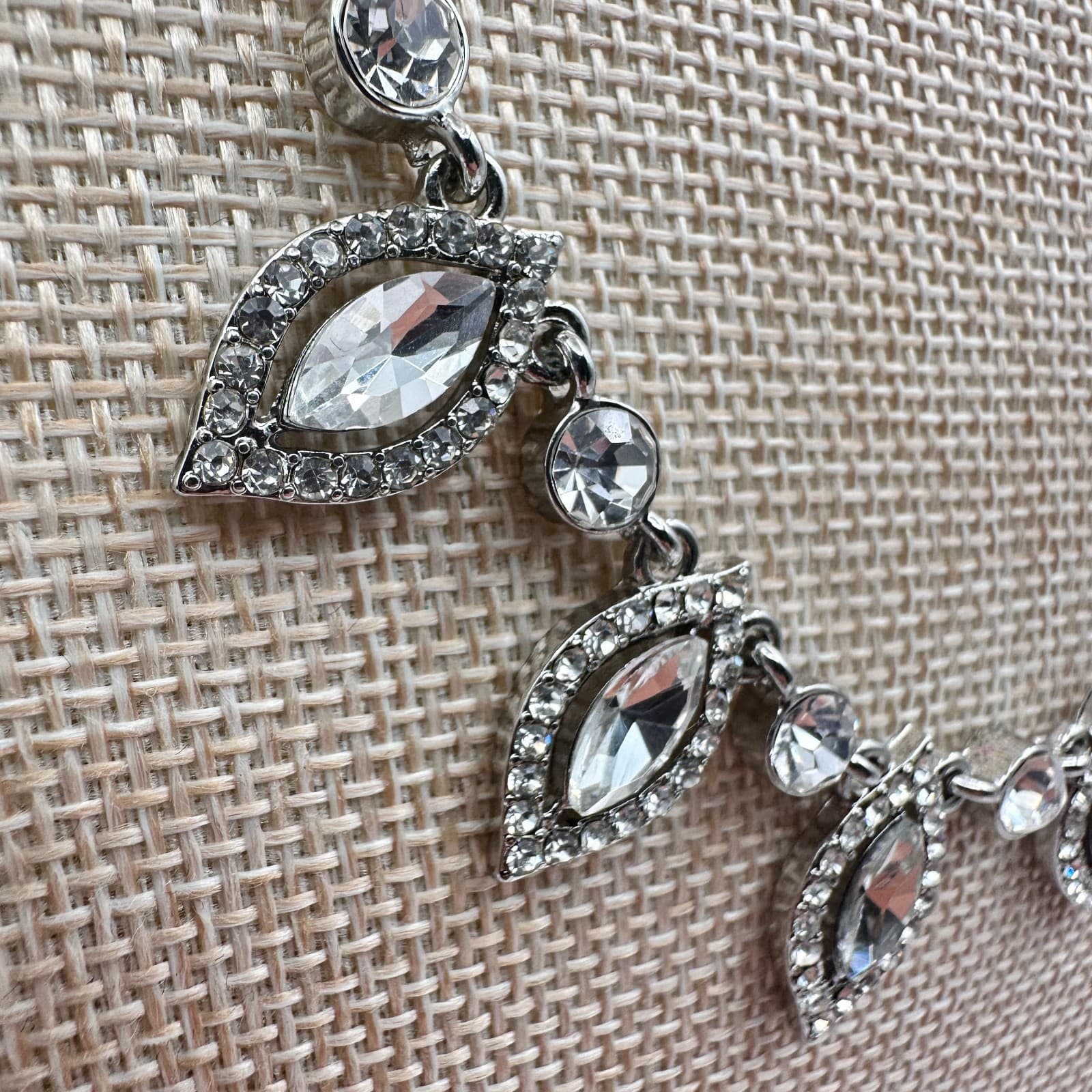 Vintage 90s Silver Tone Clear Rhinestone Marquis Statement Necklace Jewelry - Thumbnail 4