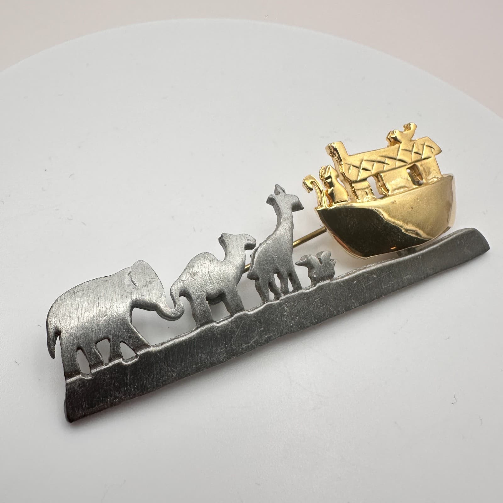 Vintage 80s Ultra Craft Noahs Ark Pewter Brooch Pin Women's Classic Jewelry - Thumbnail 4