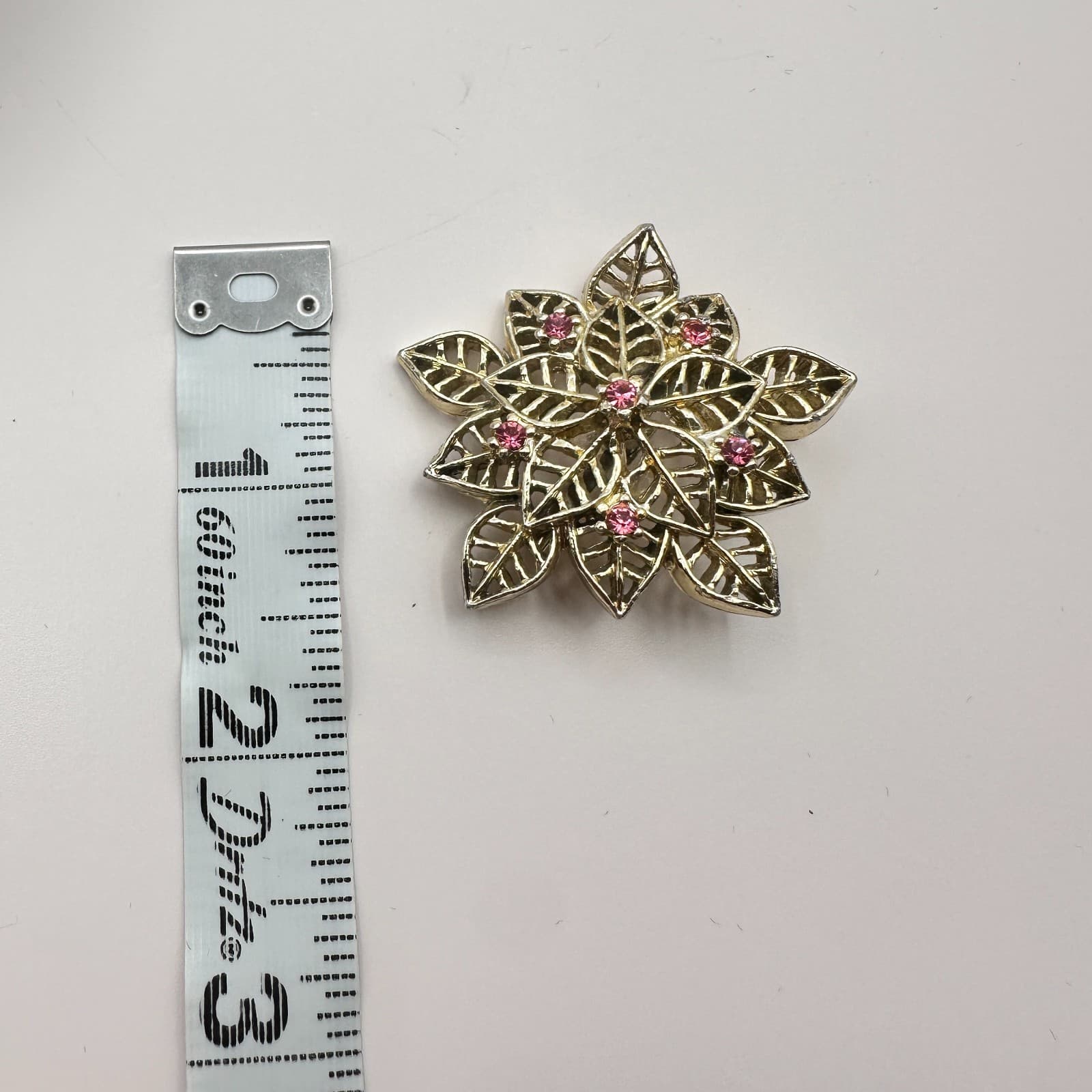 Vintage 80s Gold Tone Leaf Snowflake Pink Rhinestone Brooch Pin Women's Jewelry - Thumbnail 5