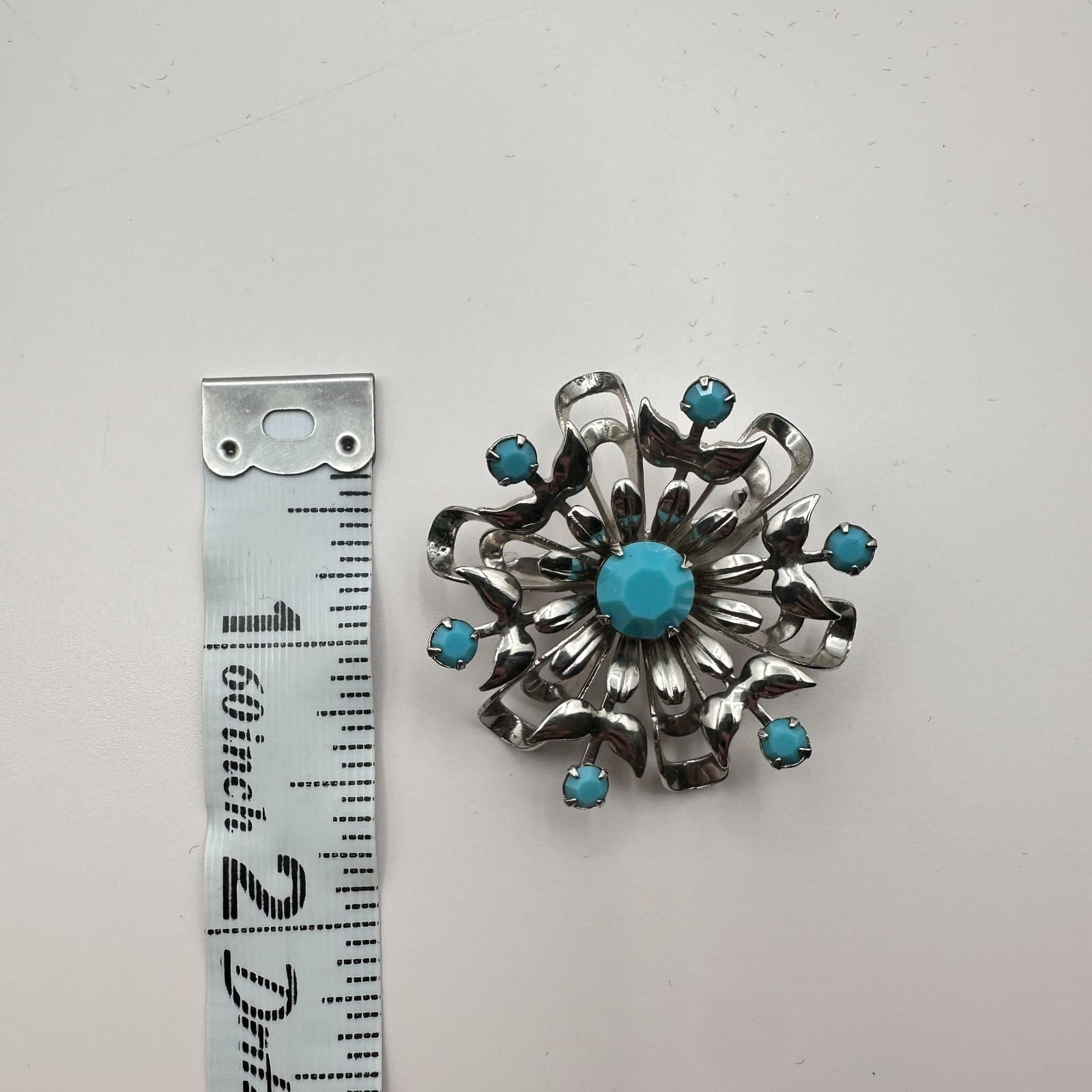 Vintage 90s Silver Tone Blue Glass Floral Sunburst Brooch Pin Retro Jewelry - Thumbnail 6