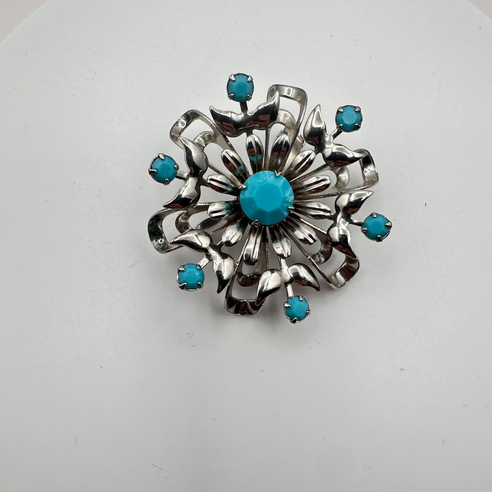 Vintage 90s Silver Tone Blue Glass Floral Sunburst Brooch Pin Retro Jewelry - Thumbnail 4