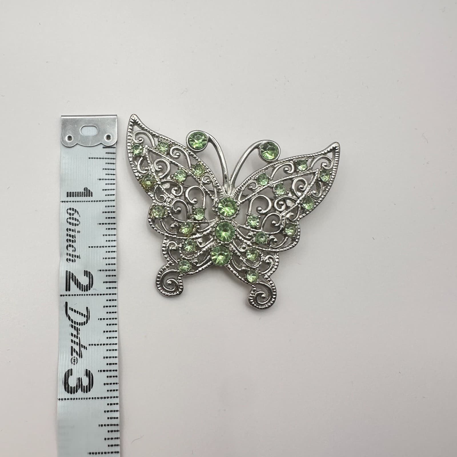 Vintage Y2K Silver Tone Green Rhinestone Filigree Butterfly Brooch Pin Jewelry - Thumbnail 5