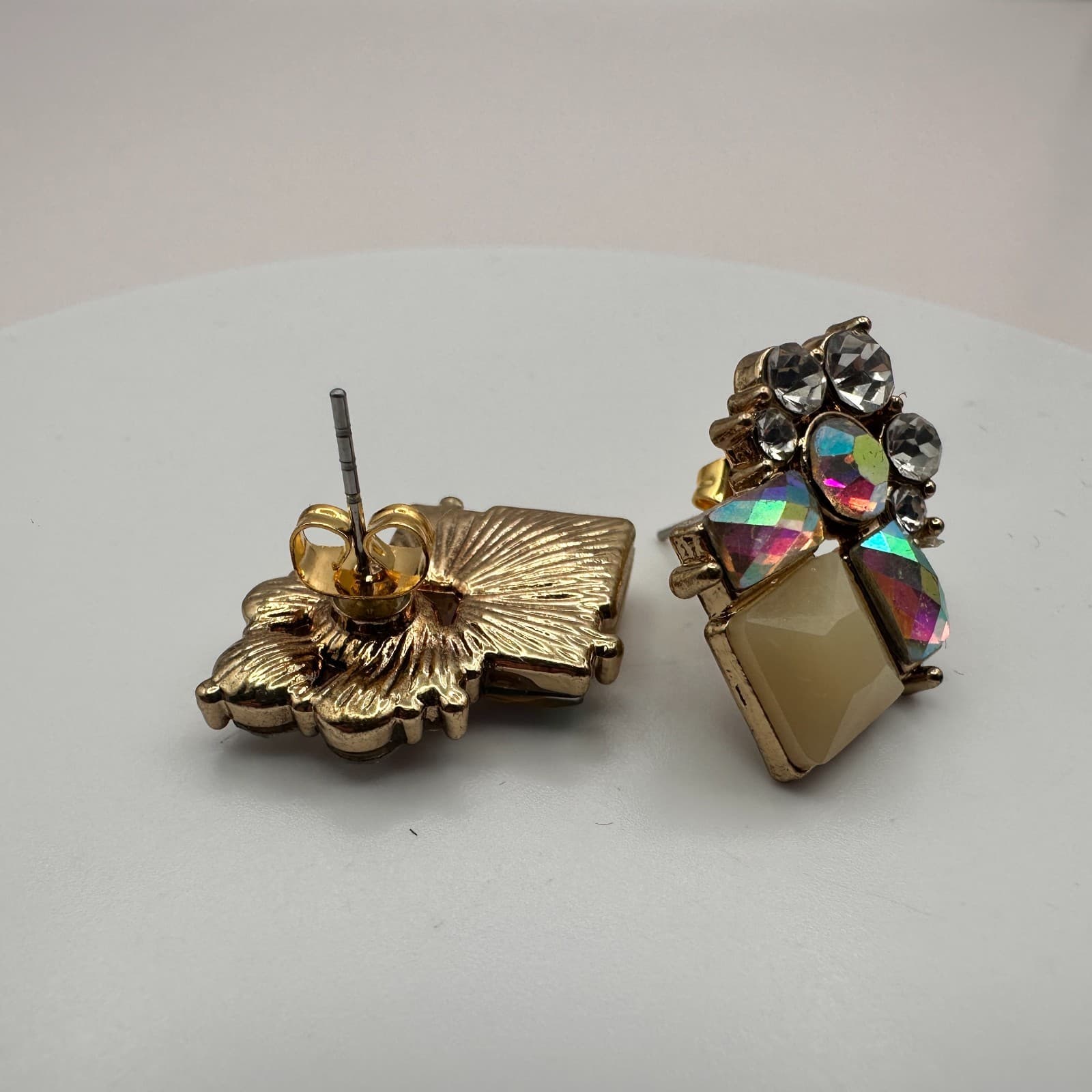 Vintage 90s Gold Tone Glass Statement Earrings Women's Classic Fashion Jewelry - Thumbnail 5