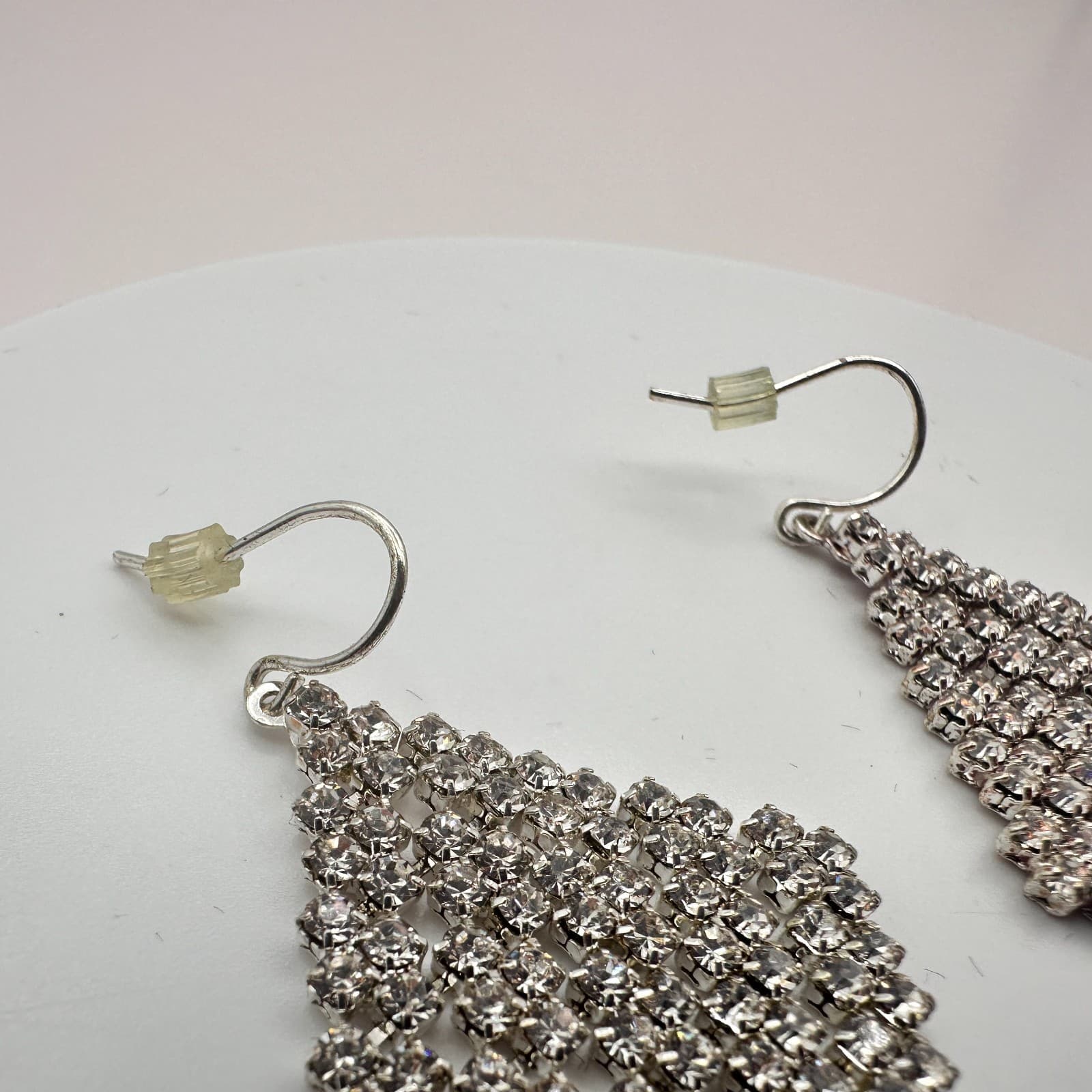 Vintage 90s SilverTone Rhombus Drop Earrings White Glass Classic Fashion Jewelry - Thumbnail 6