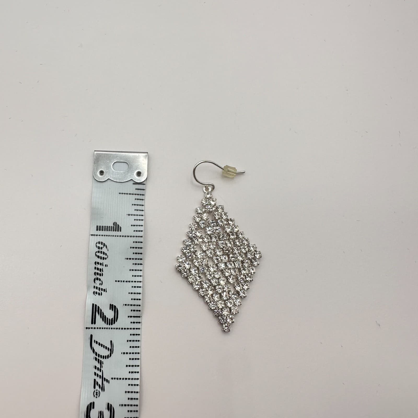 Vintage 90s SilverTone Rhombus Drop Earrings White Glass Classic Fashion Jewelry - Thumbnail 7