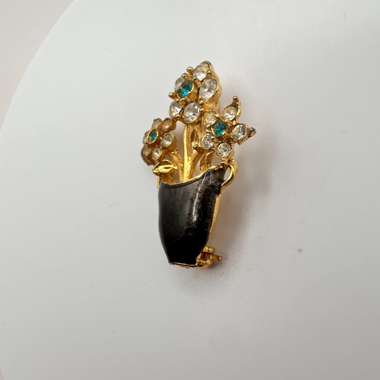 Vintage 90s Gold Tone Flower Vase Teal Clear Rhinestone Brooch Pin Jewelry - Thumbnail 5