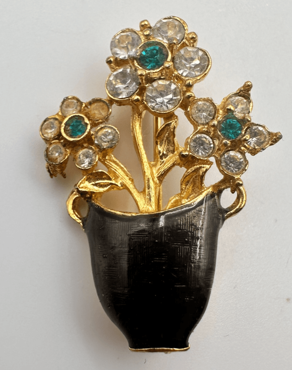 Vintage 90s Gold Tone Flower Vase Teal Clear Rhinestone Brooch Pin Jewelry