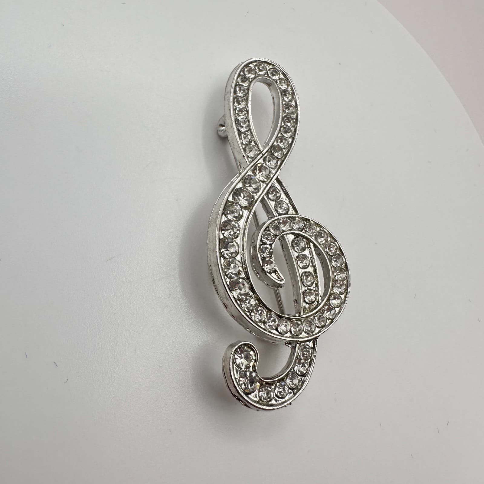 Vintage Y2K Silver Tone Clef Treble Rhinestone Brooch Pin Unisex Classic Jewelry - Thumbnail 4