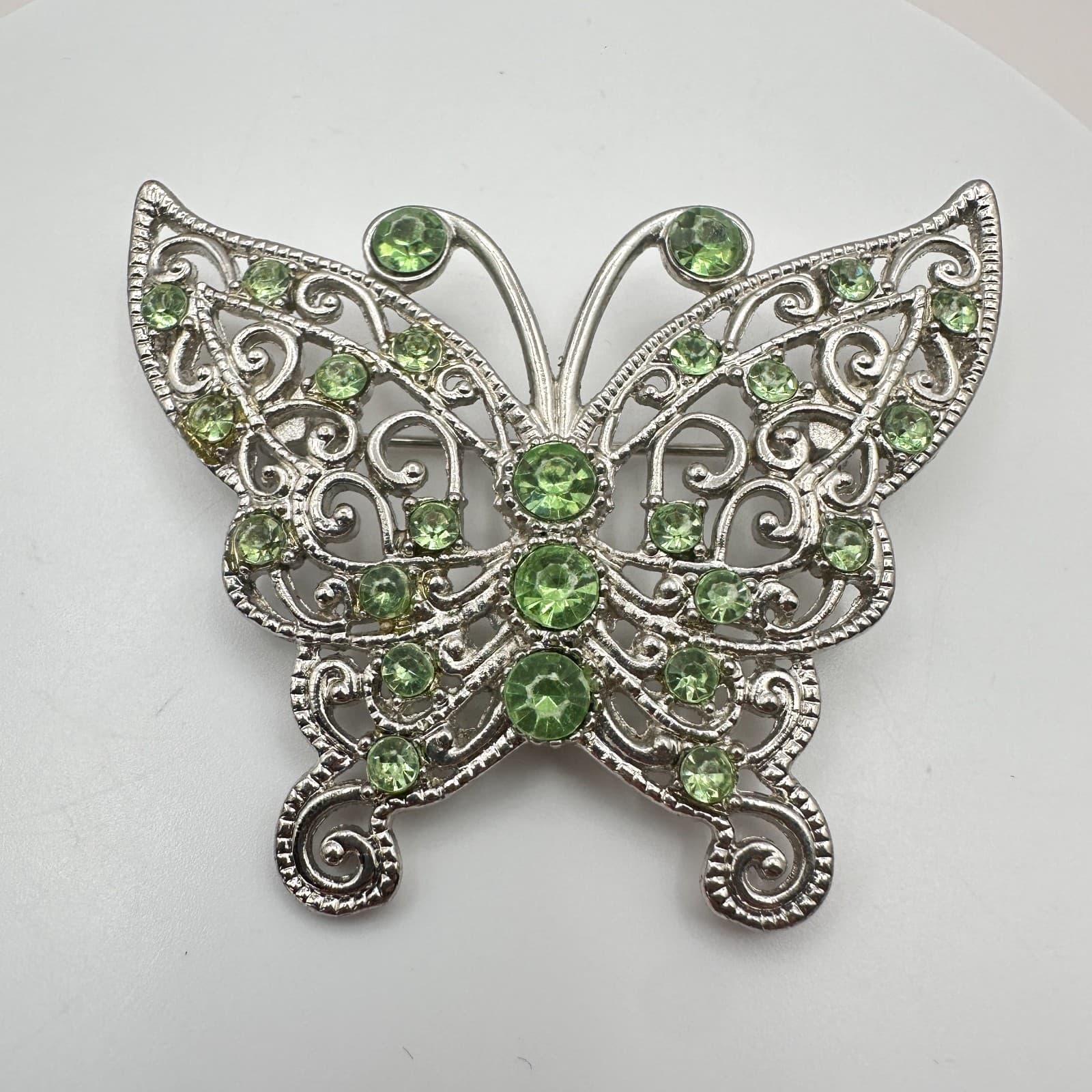 Vintage Y2K Silver Tone Green Rhinestone Filigree Butterfly Brooch Pin Jewelry - Thumbnail 3