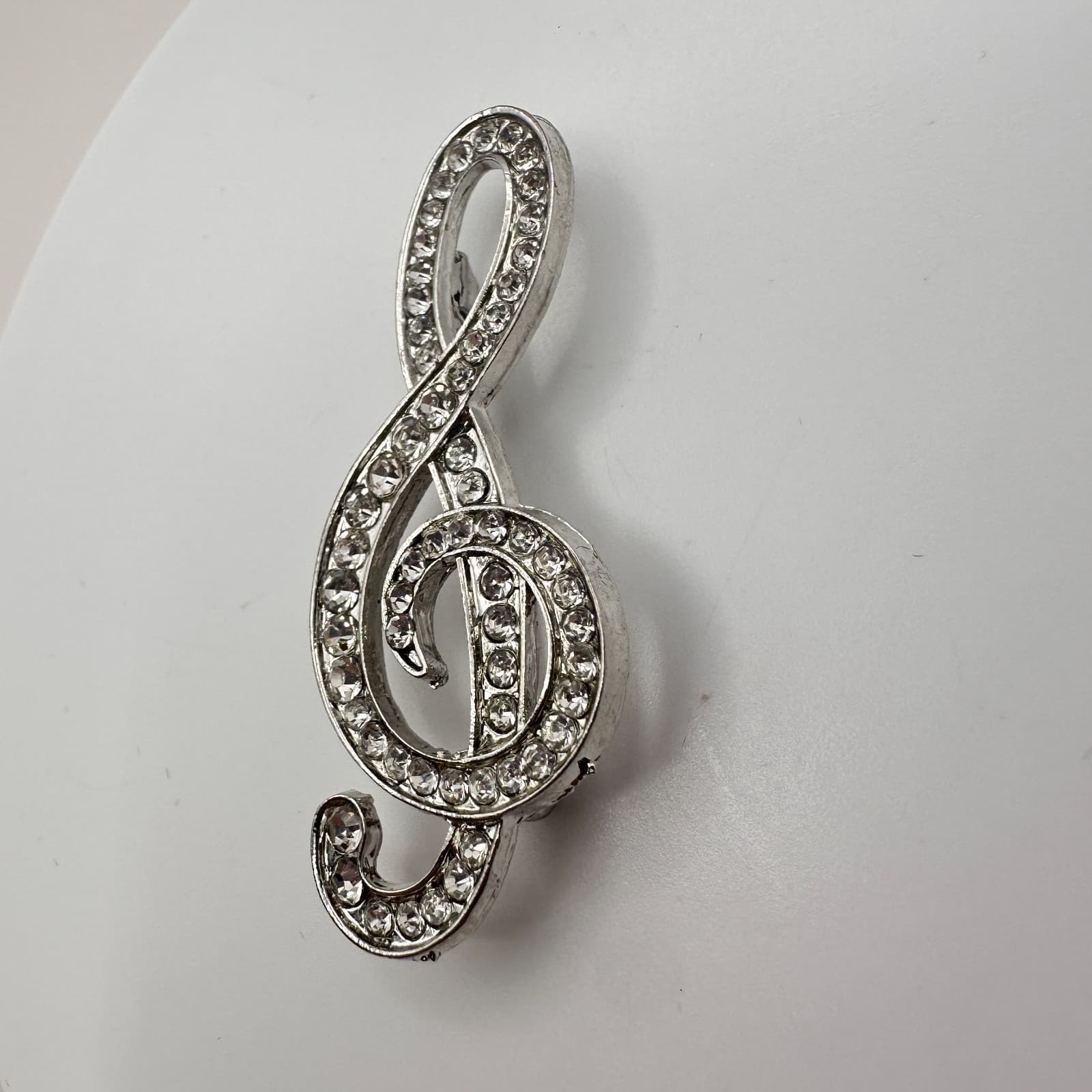 Vintage Y2K Silver Tone Clef Treble Rhinestone Brooch Pin Unisex Classic Jewelry - Thumbnail 5