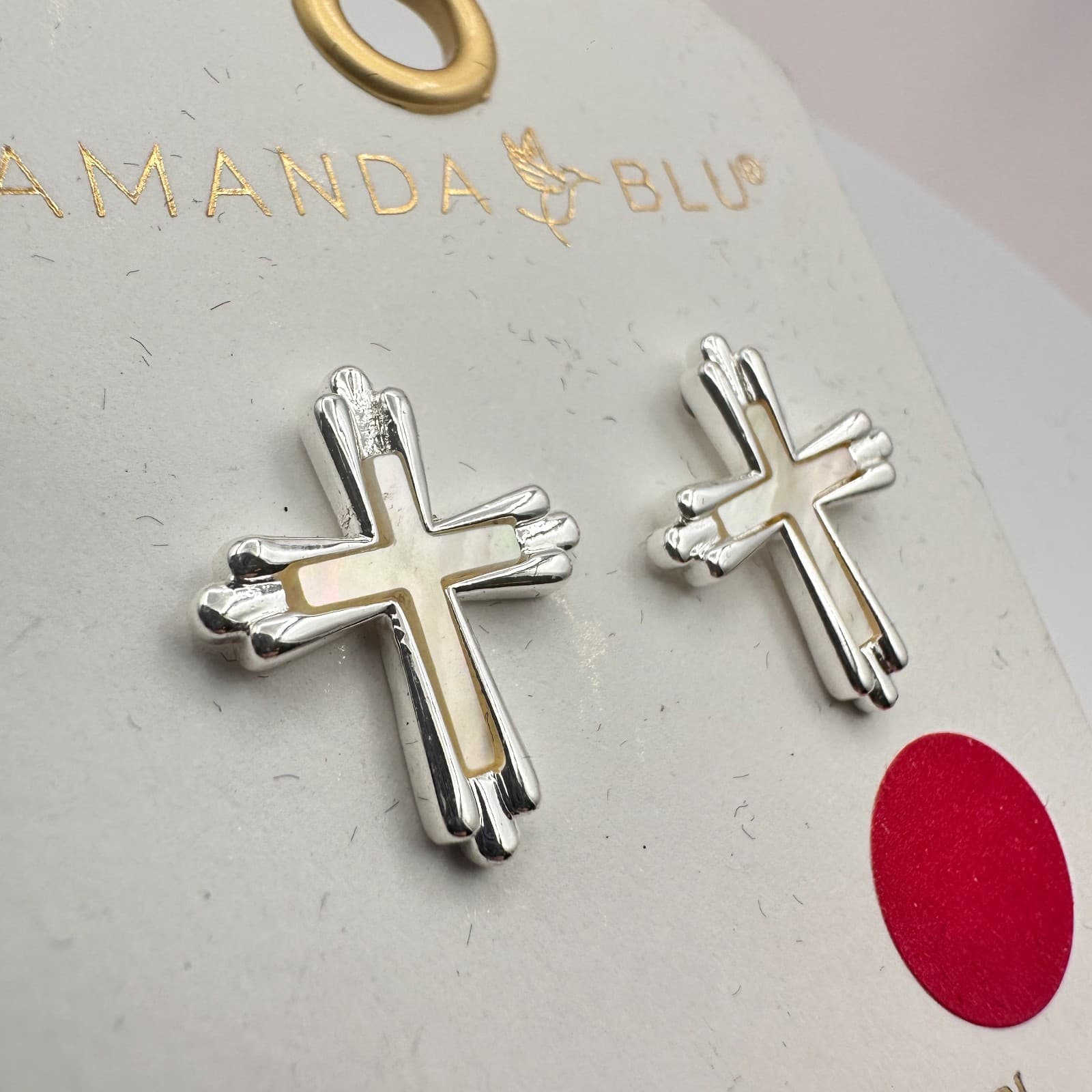 Vintage 90s Amanda Blu Silver Tone Cross Earrings Mother of Pearl Religious - Thumbnail 4