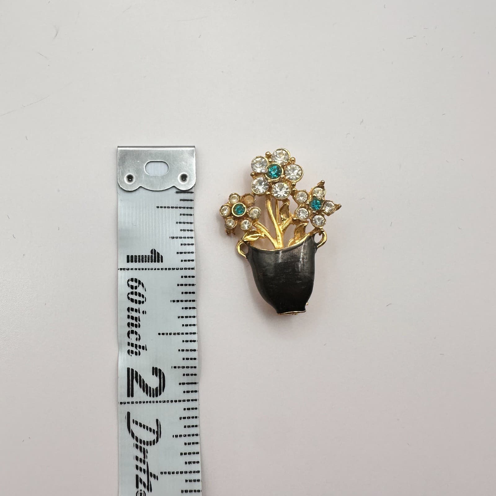 Vintage 90s Gold Tone Flower Vase Teal Clear Rhinestone Brooch Pin Jewelry - Thumbnail 7