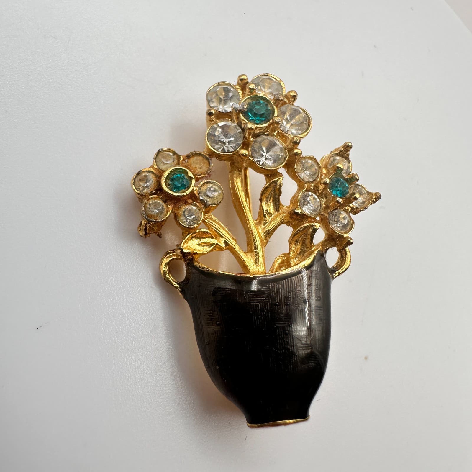 Vintage 90s Gold Tone Flower Vase Teal Clear Rhinestone Brooch Pin Jewelry - Thumbnail 4