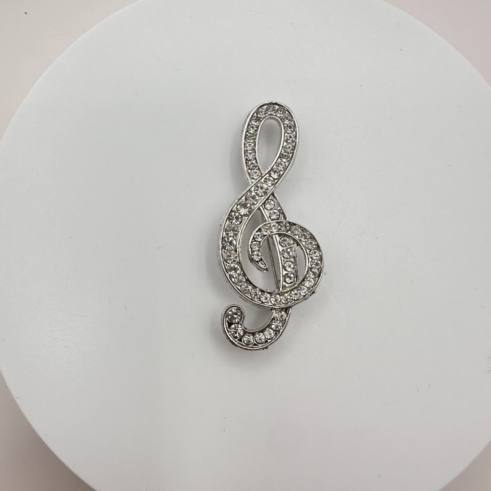 Vintage Y2K Silver Tone Clef Treble Rhinestone Brooch Pin Unisex Classic Jewelry - Thumbnail 3