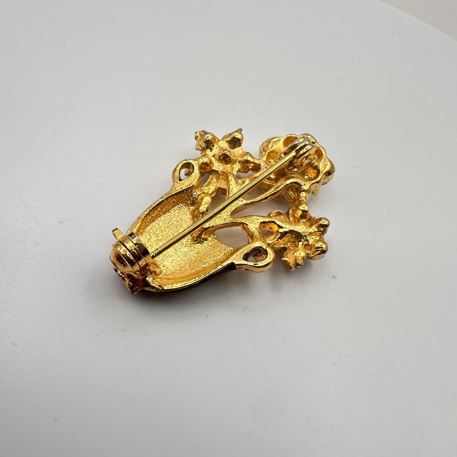 Vintage 90s Gold Tone Flower Vase Teal Clear Rhinestone Brooch Pin Jewelry - Thumbnail 6