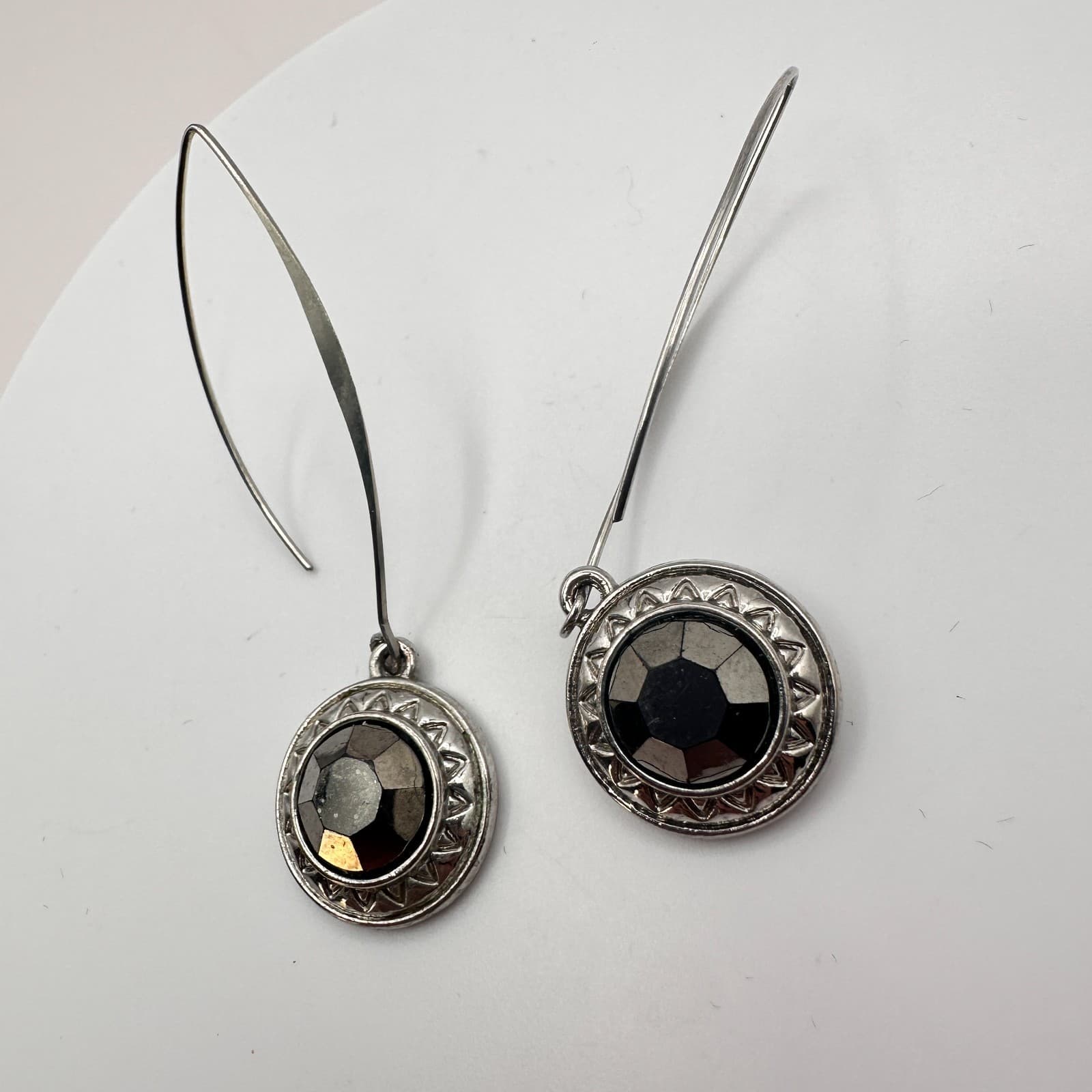 Vintage 90s Silver Tone Black Hematite Sweasted Dangle Earrings Women's Jewelry - Thumbnail 6