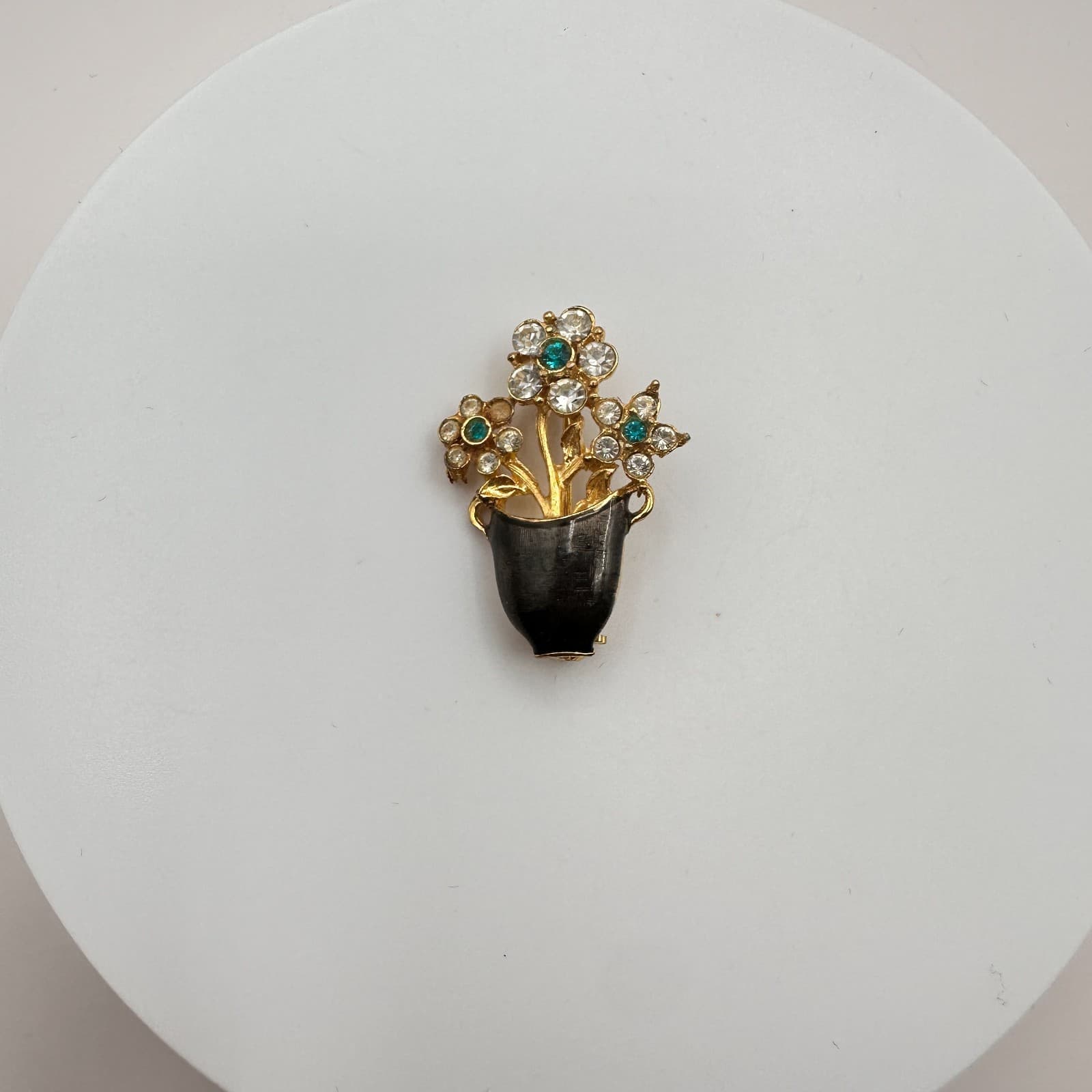 Vintage 90s Gold Tone Flower Vase Teal Clear Rhinestone Brooch Pin Jewelry - Thumbnail 3