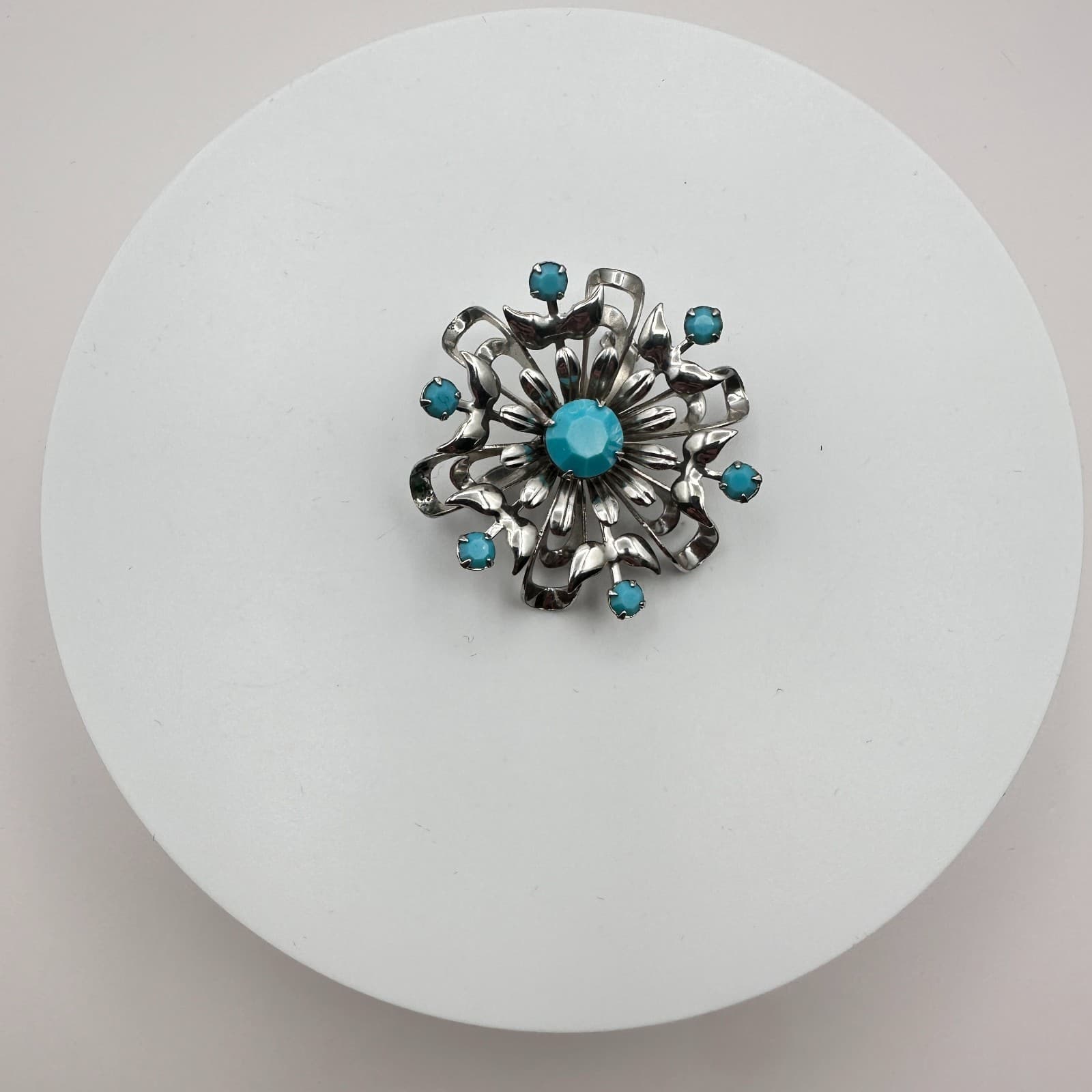 Vintage 90s Silver Tone Blue Glass Floral Sunburst Brooch Pin Retro Jewelry - Thumbnail 3