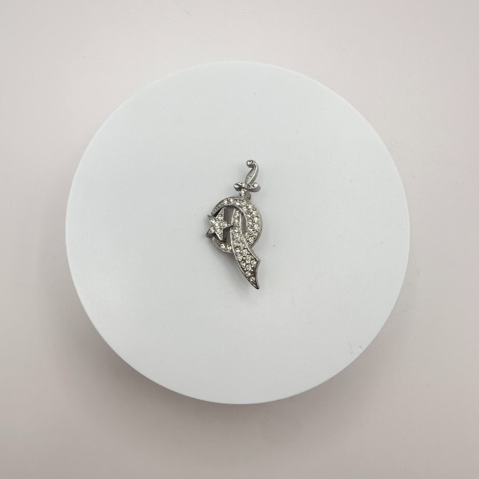 Vintage 90s Silver Tone Shriner Scimitar Crescent Rhinestone Brooch Pin Jewelry - Thumbnail 2