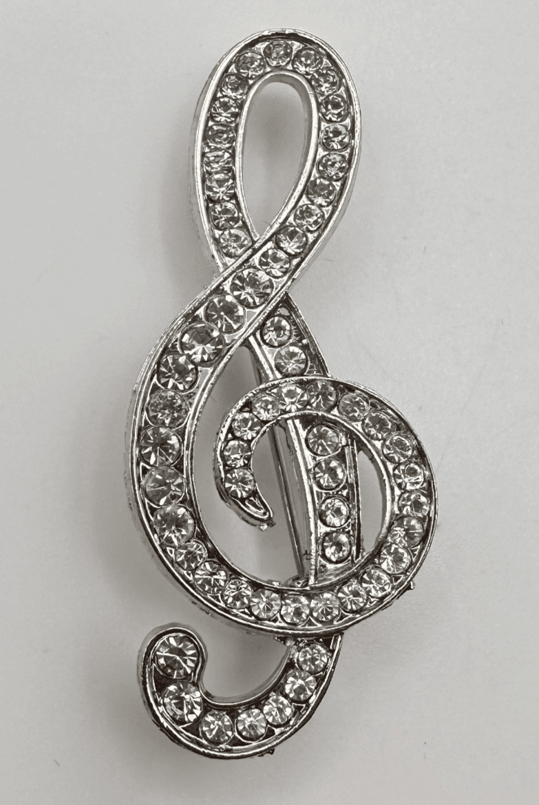 Vintage Y2K Silver Tone Clef Treble Rhinestone Brooch Pin Unisex Classic Jewelry