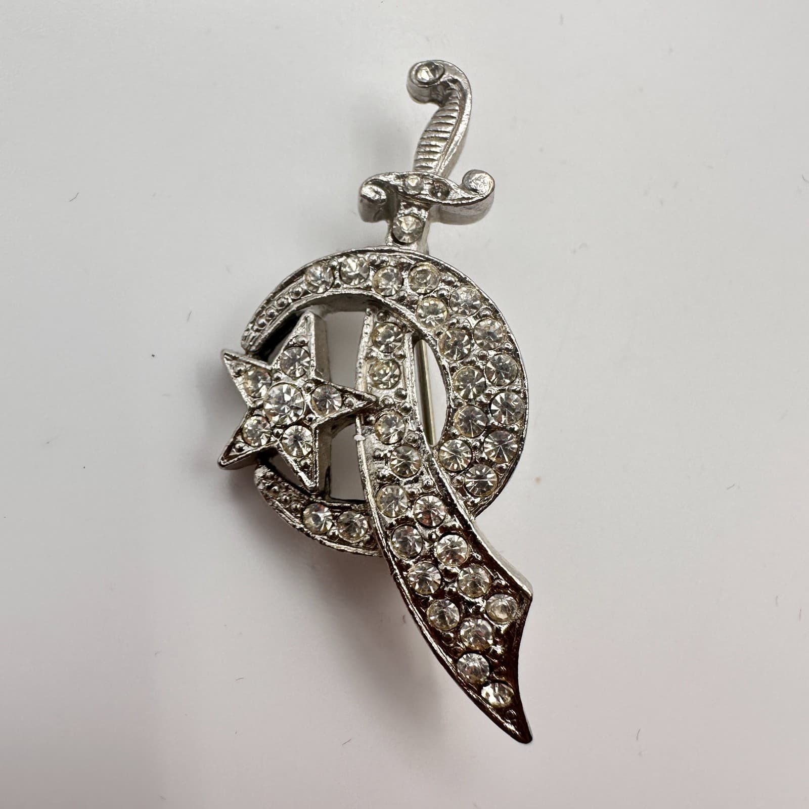 Vintage 90s Silver Tone Shriner Scimitar Crescent Rhinestone Brooch Pin Jewelry - Thumbnail 5