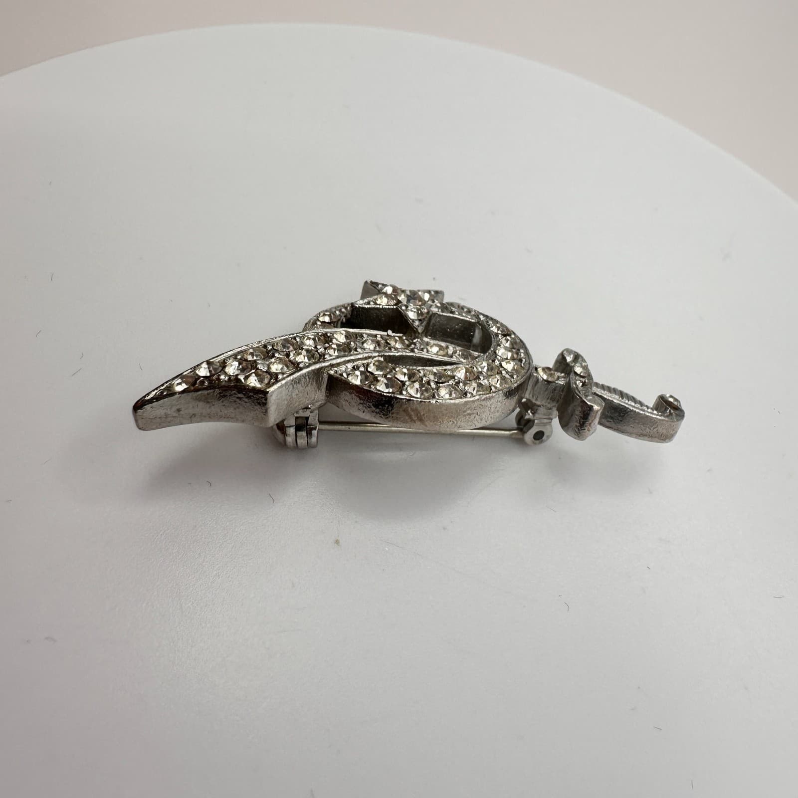 Vintage 90s Silver Tone Shriner Scimitar Crescent Rhinestone Brooch Pin Jewelry - Thumbnail 4