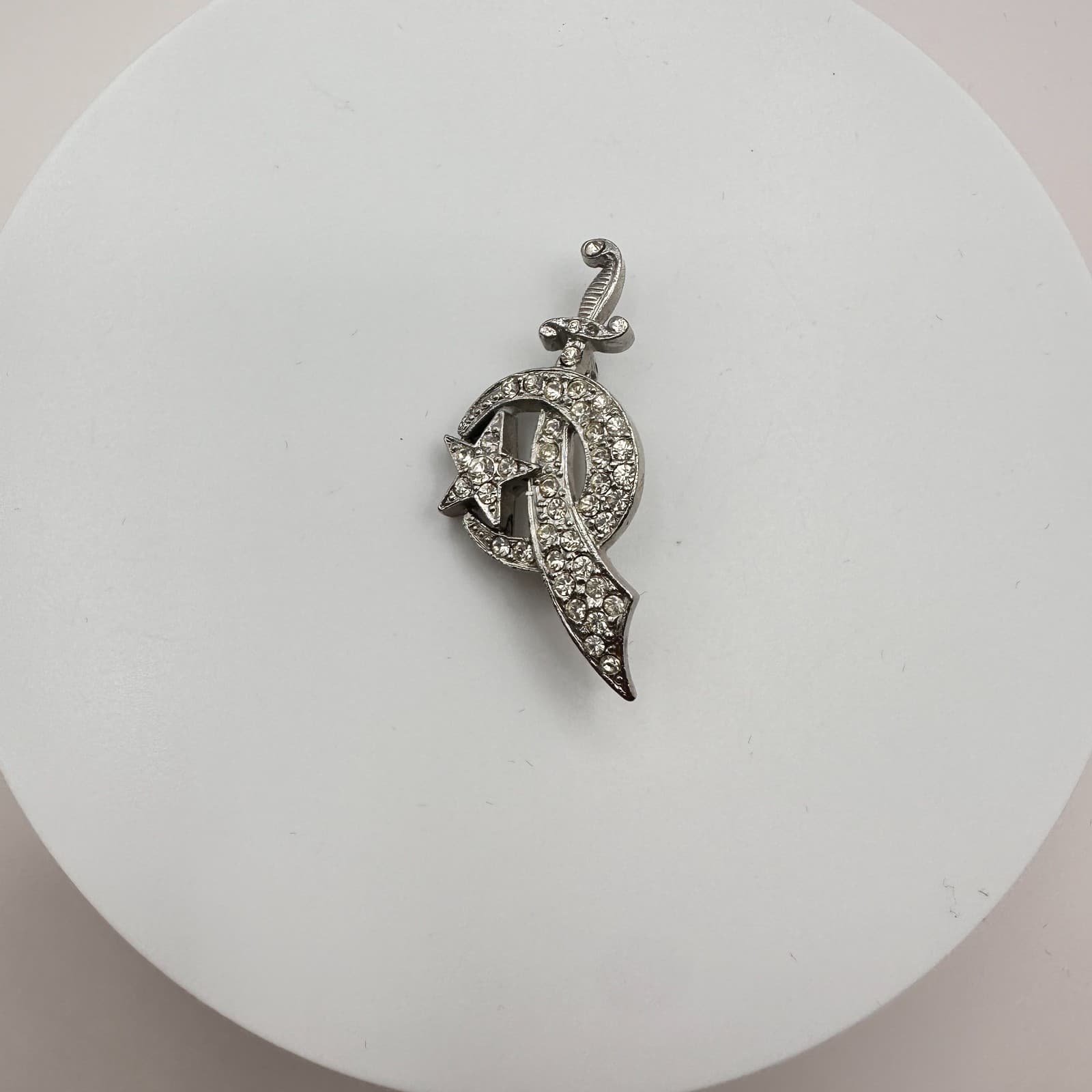 Vintage 90s Silver Tone Shriner Scimitar Crescent Rhinestone Brooch Pin Jewelry - Thumbnail 3