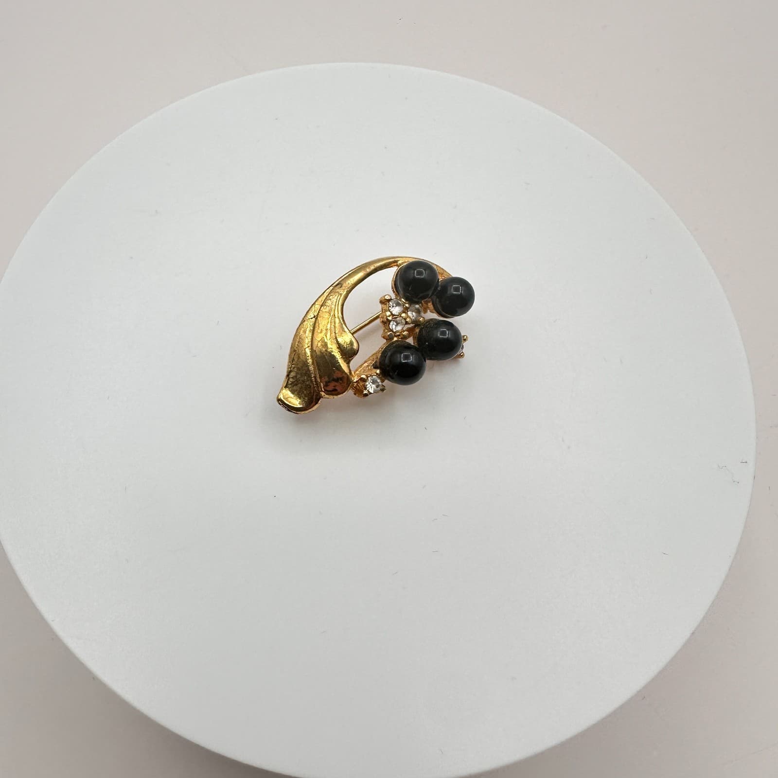 Vintage 90s Gold Tone Black Beaded Rhinestone Brooch Pin Women's Classic Jewelry - Thumbnail 5
