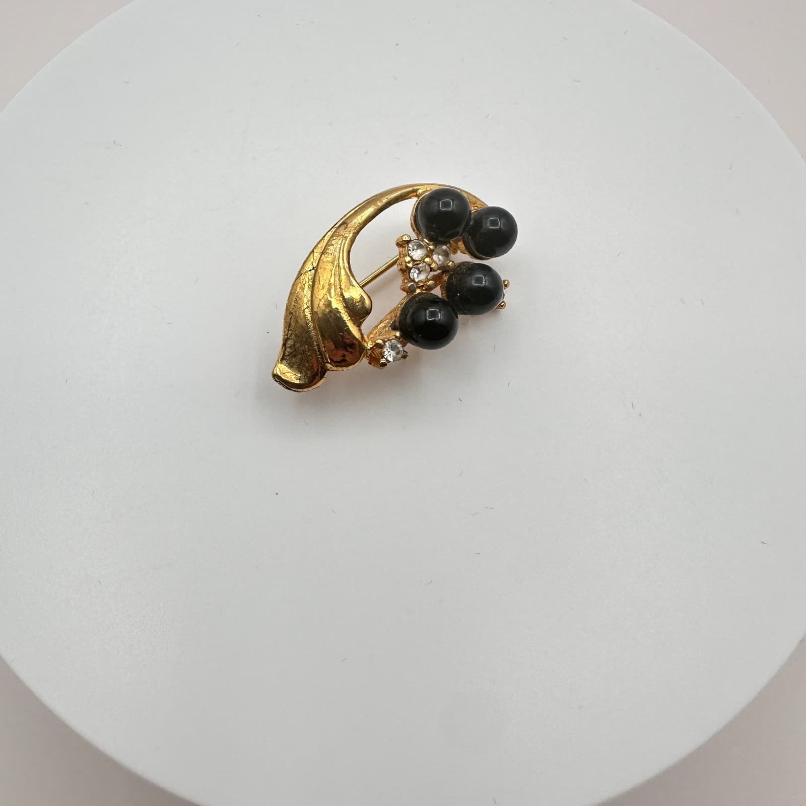 Vintage 90s Gold Tone Black Beaded Rhinestone Brooch Pin Women's Classic Jewelry - Thumbnail 3