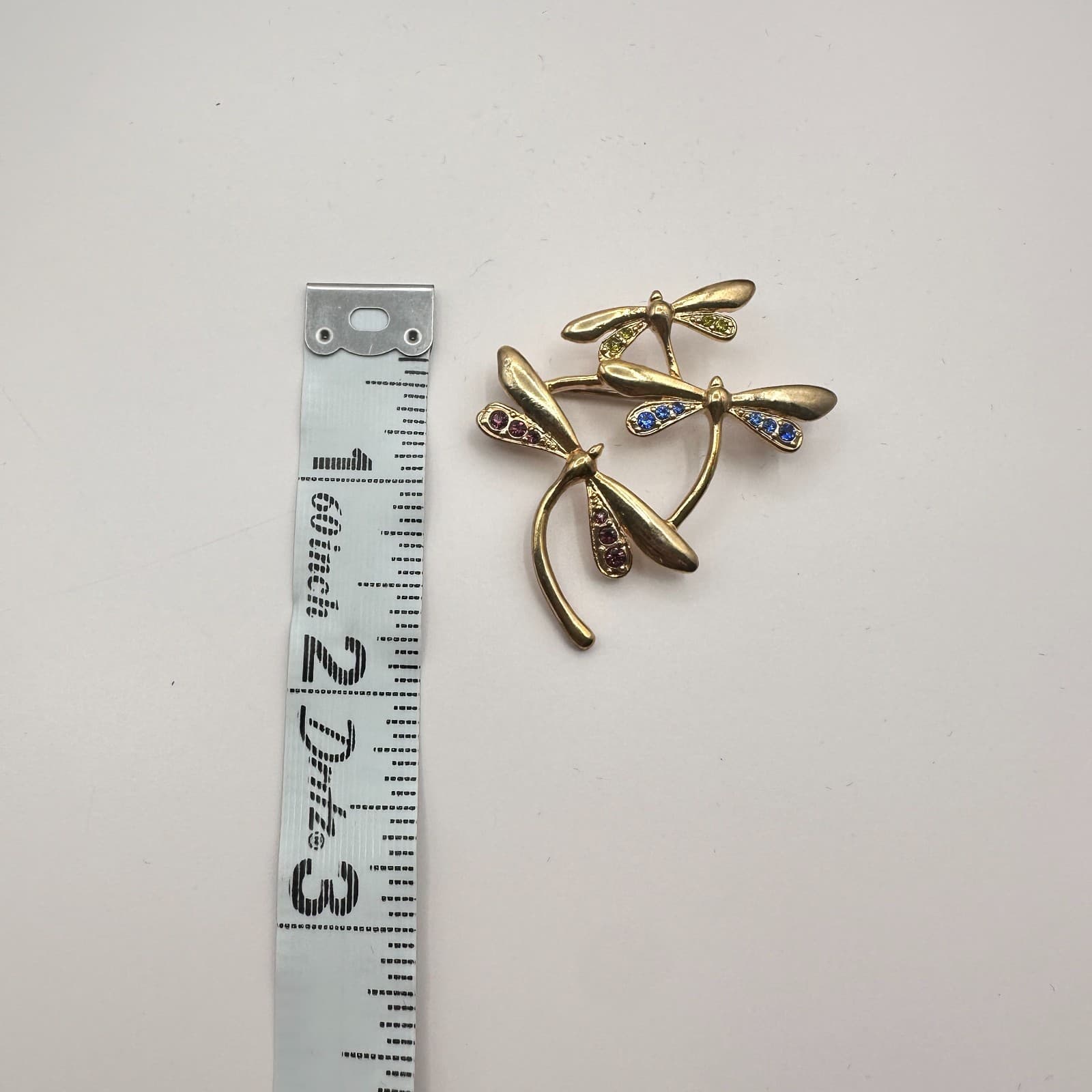 Vintage 90s Gold Tone Triple Dragonfly Brooch Glass Accents Fashion Jewelry - Thumbnail 8