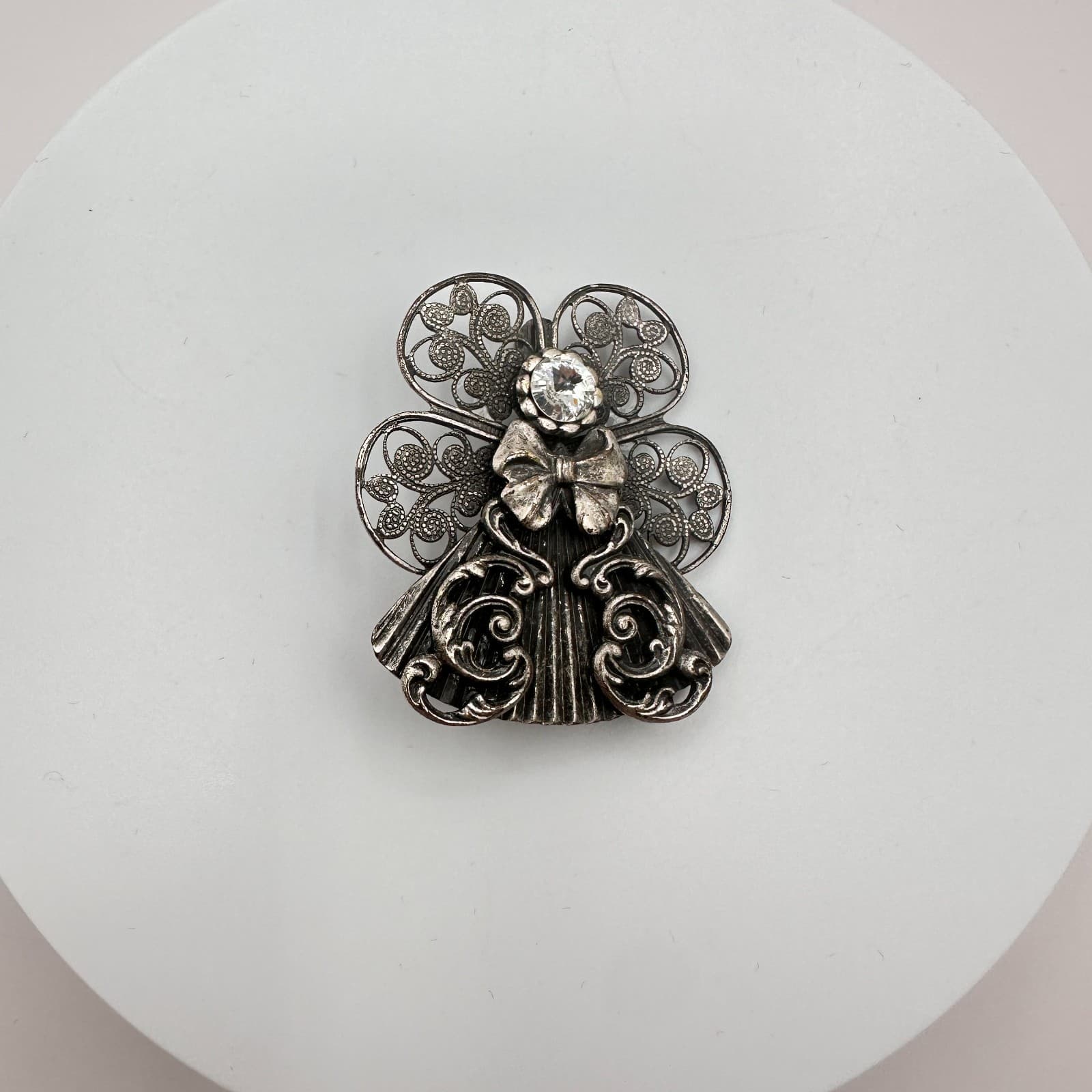 Vintage 90s Silver Tone Angel Brooch Filigree Wings Clear Glass Bow Jewelry - Thumbnail 3