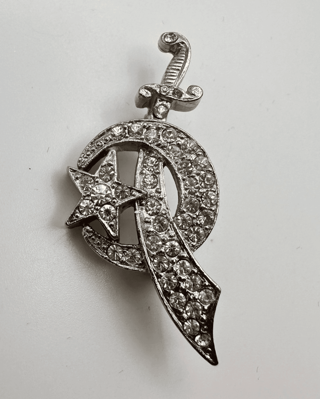 Vintage 90s Silver Tone Shriner Scimitar Crescent Rhinestone Brooch Pin Jewelry