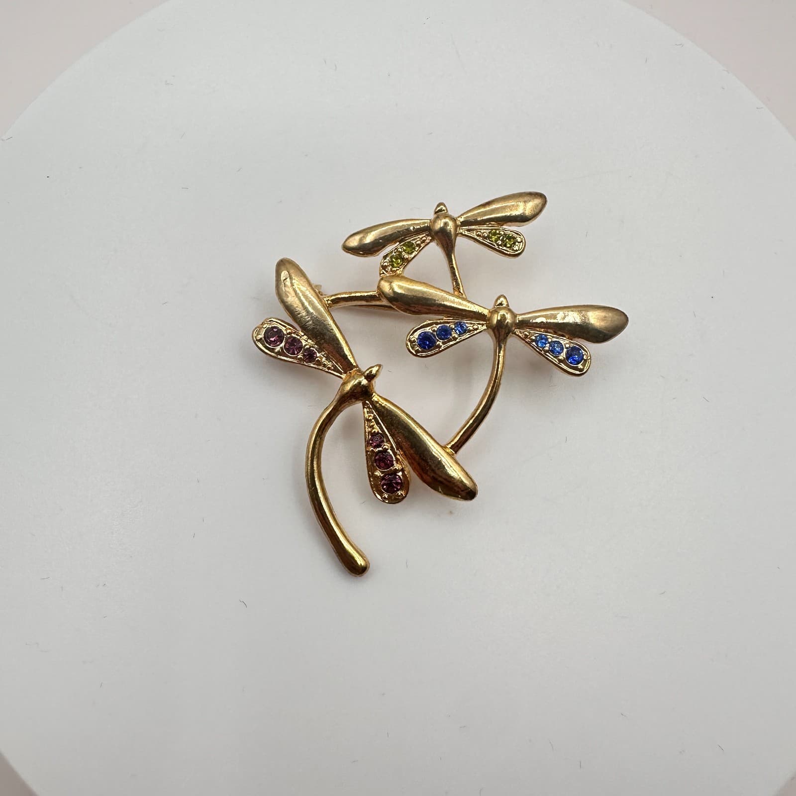 Vintage 90s Gold Tone Triple Dragonfly Brooch Glass Accents Fashion Jewelry - Thumbnail 3