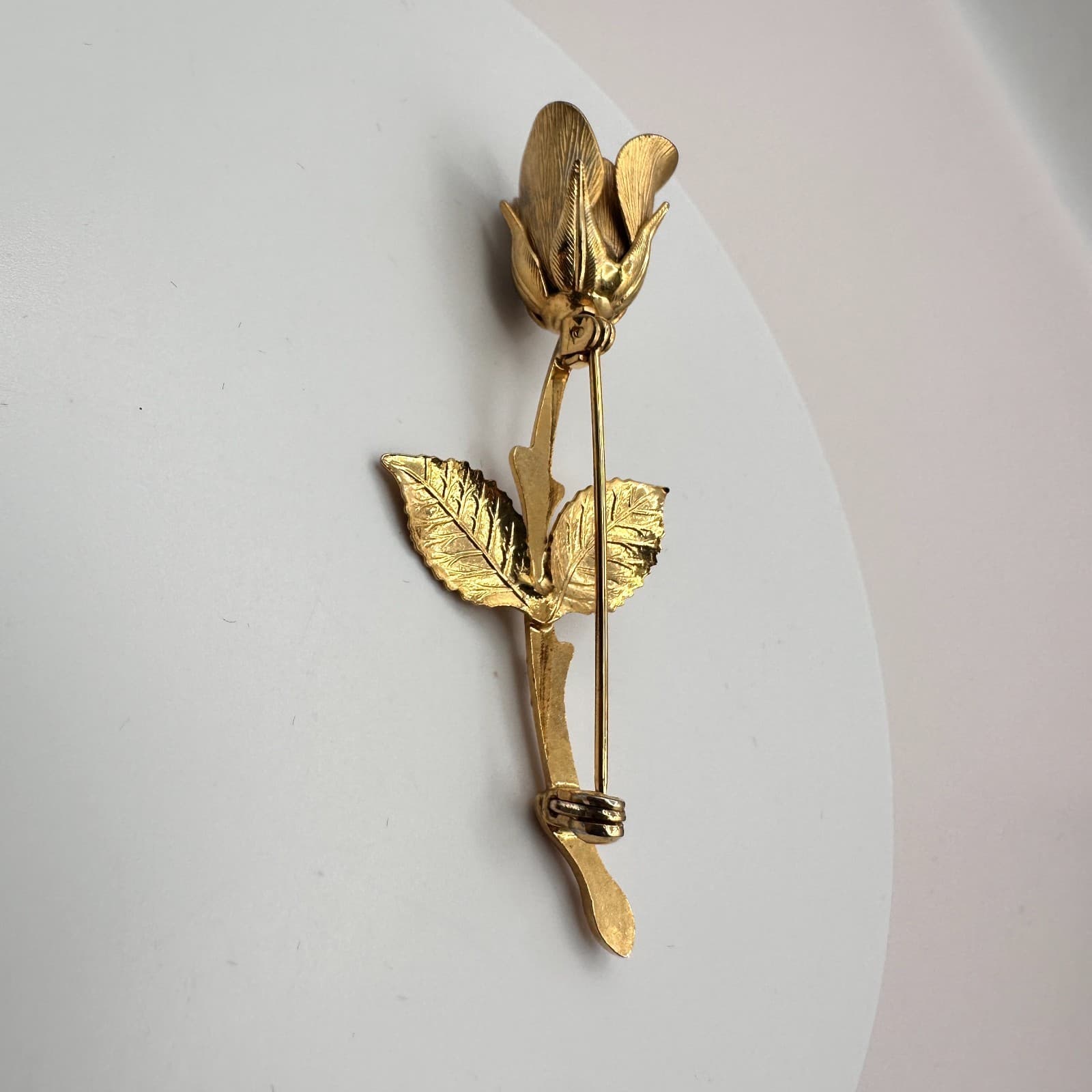 Vintage 90s Gold Tone Textured Long Stem Rose Flower Brooch Pin Romantic Jewelry - Thumbnail 7